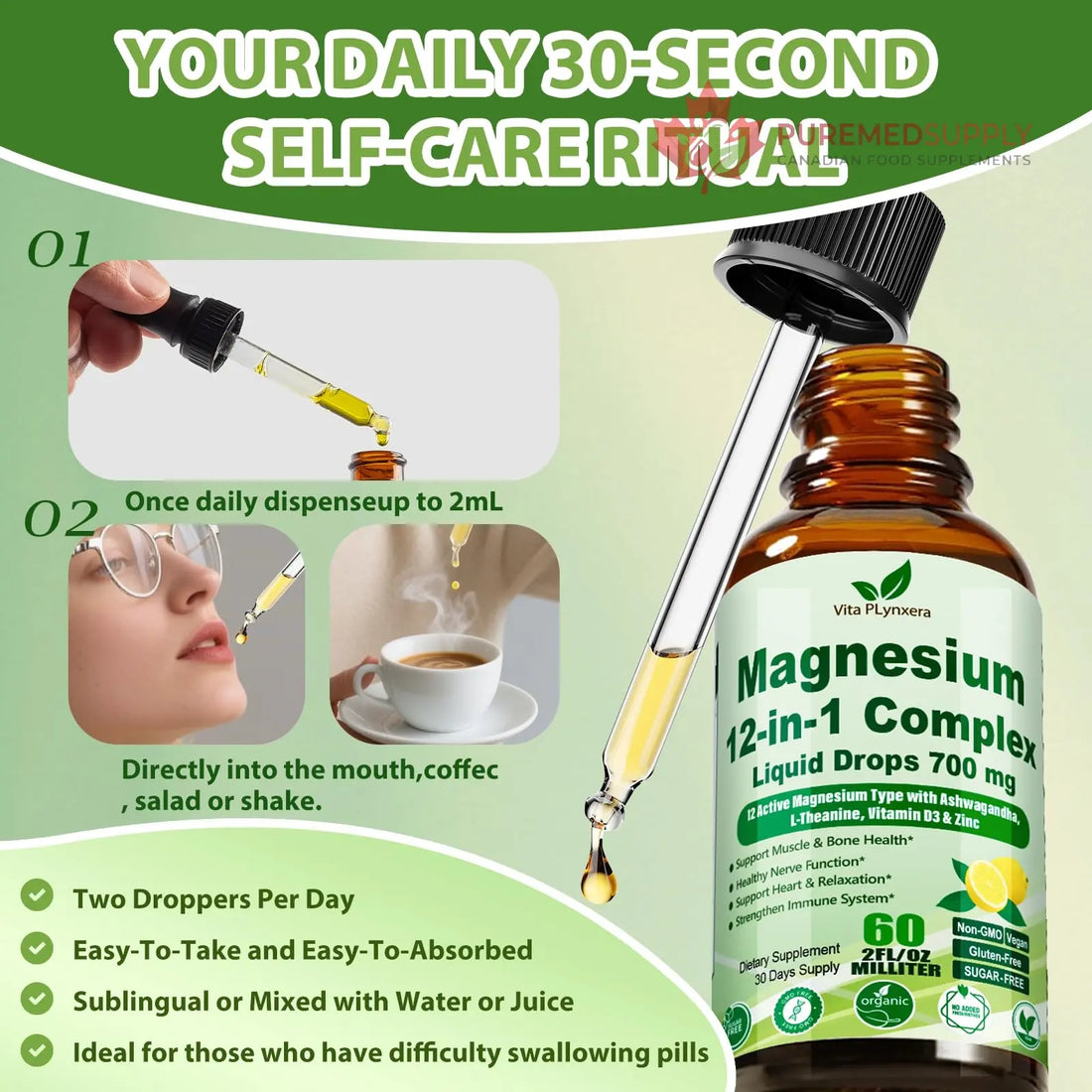 12-in-1 Magnesium Complex Liquid Drops, Chelated Magnesium Citrate Glycinate Taurate Malate Aspartate w. Ashwagandha Theanine D3 & Zinc for Relaxation Sleep Immune Health & Muscle Function丨Women Men. Vita PLynxera buy supplements canada