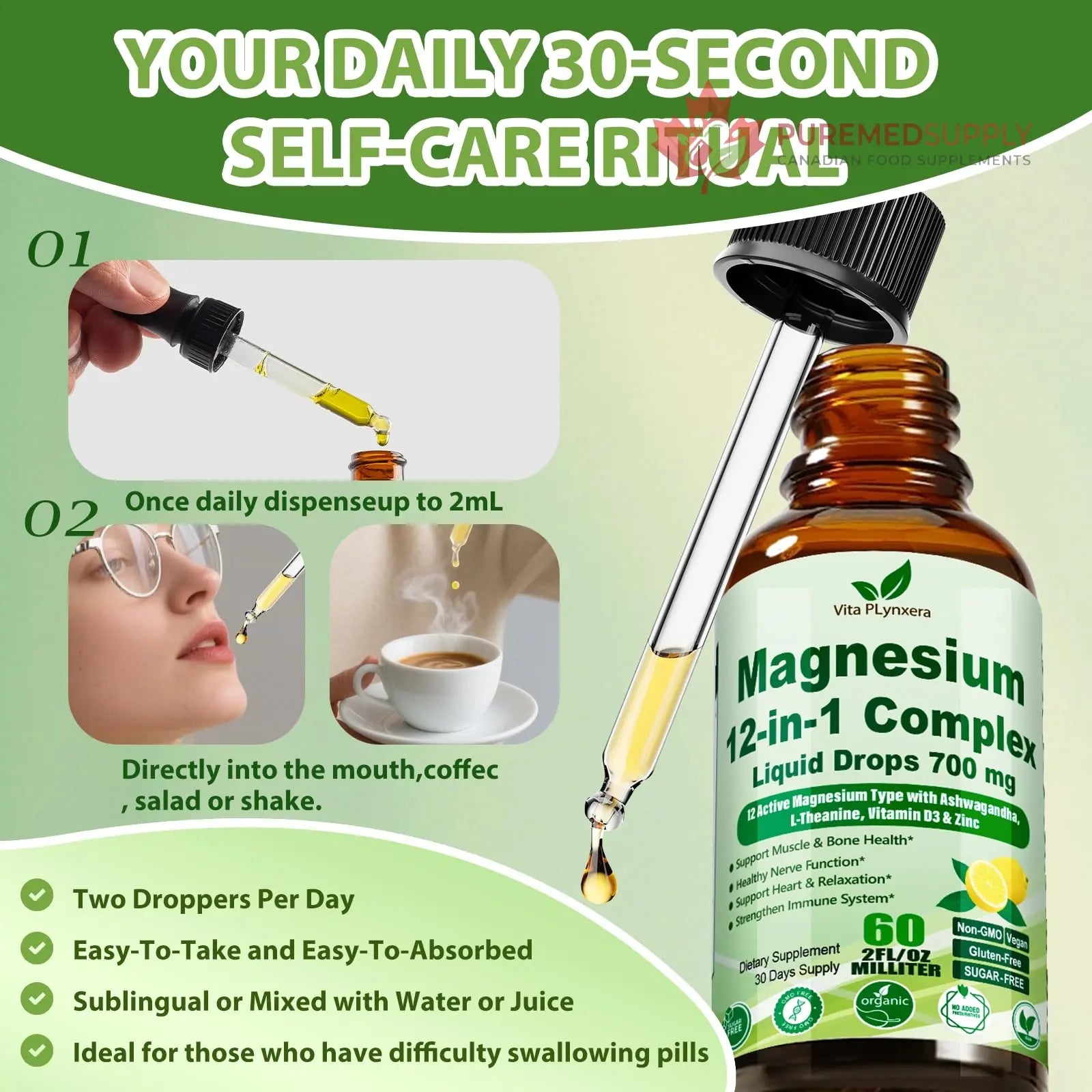 12-in-1 Magnesium Complex Liquid Drops, Chelated Magnesium Citrate Glycinate Taurate Malate Aspartate w. Ashwagandha Theanine D3 & Zinc for Relaxation Sleep Immune Health & Muscle Function丨Women Men. Vita PLynxera buy supplements canada