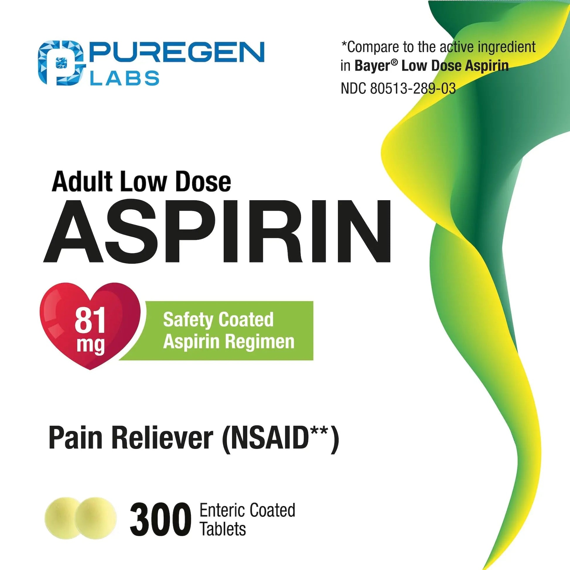 Puregen Labs Aspirin 81 mg Low Dose (NSAID) – 300 Enteric Coated Tablets P Puregen Labs buy supplements canada