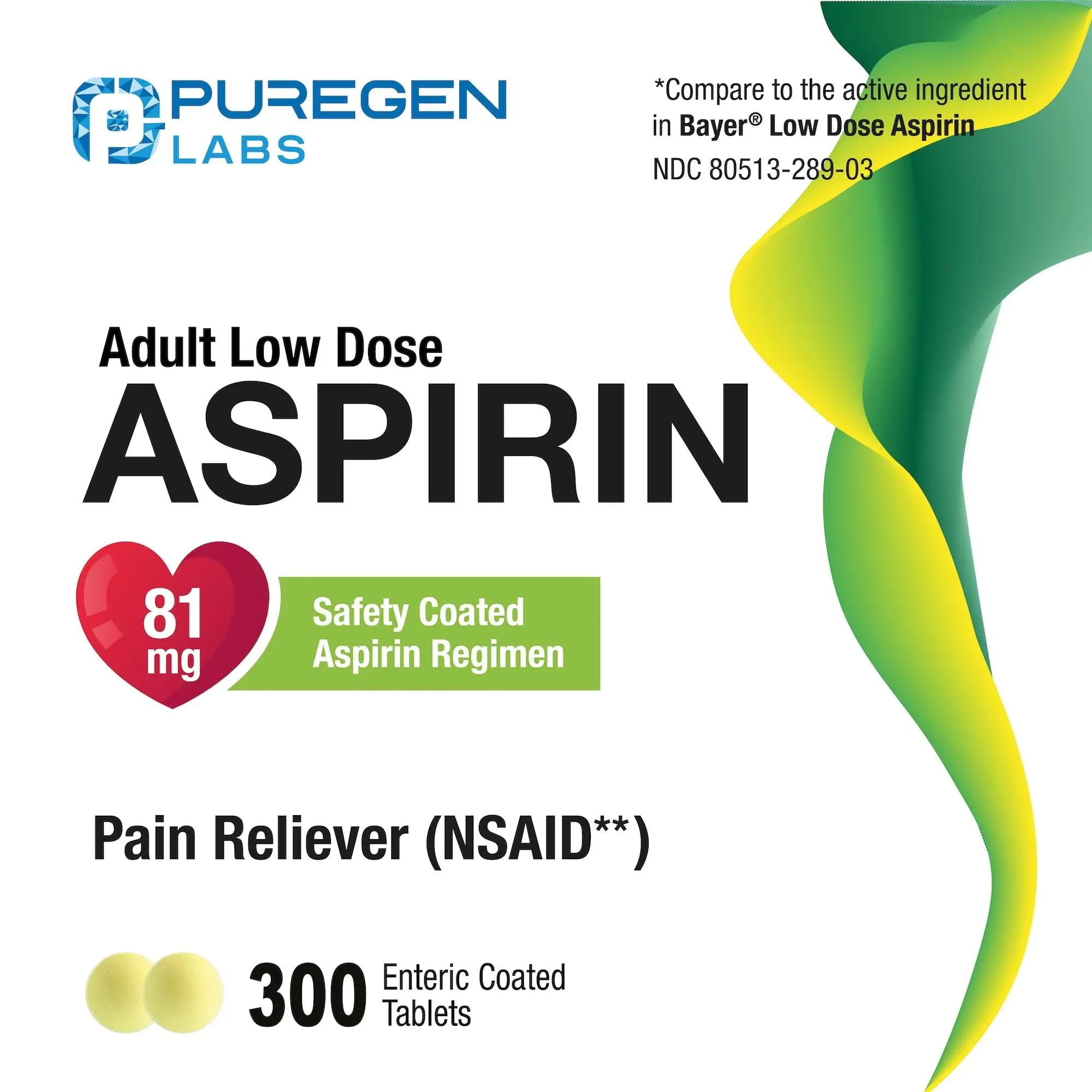 Puregen Labs Aspirin 81 mg Low Dose (NSAID) – 300 Enteric Coated Tablets P Puregen Labs buy supplements canada