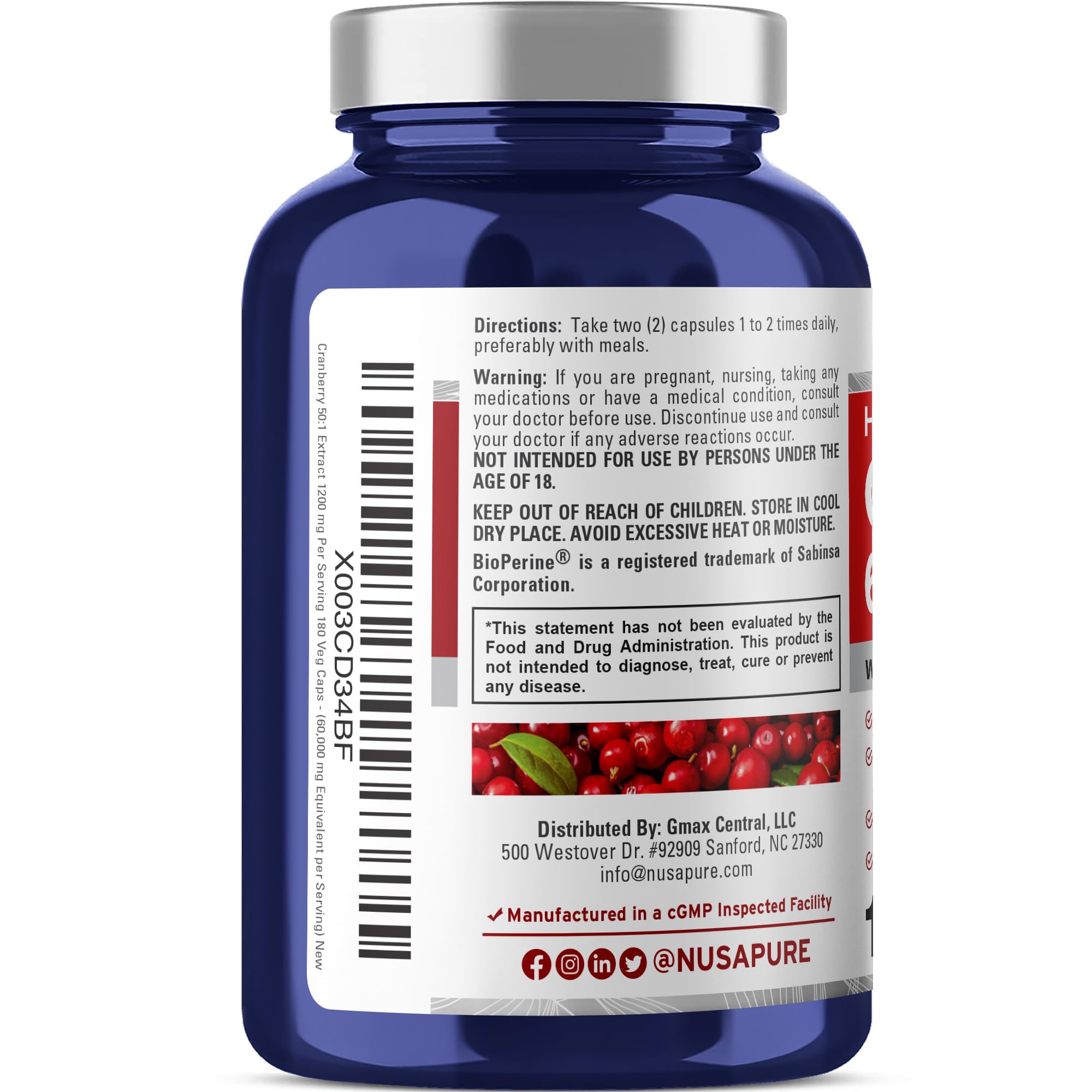 NusaPure Cranberry 60,000 mg 180 Veg Caps (Bioperine, Non-GMO, Vegan) NusaPure buy supplements canada