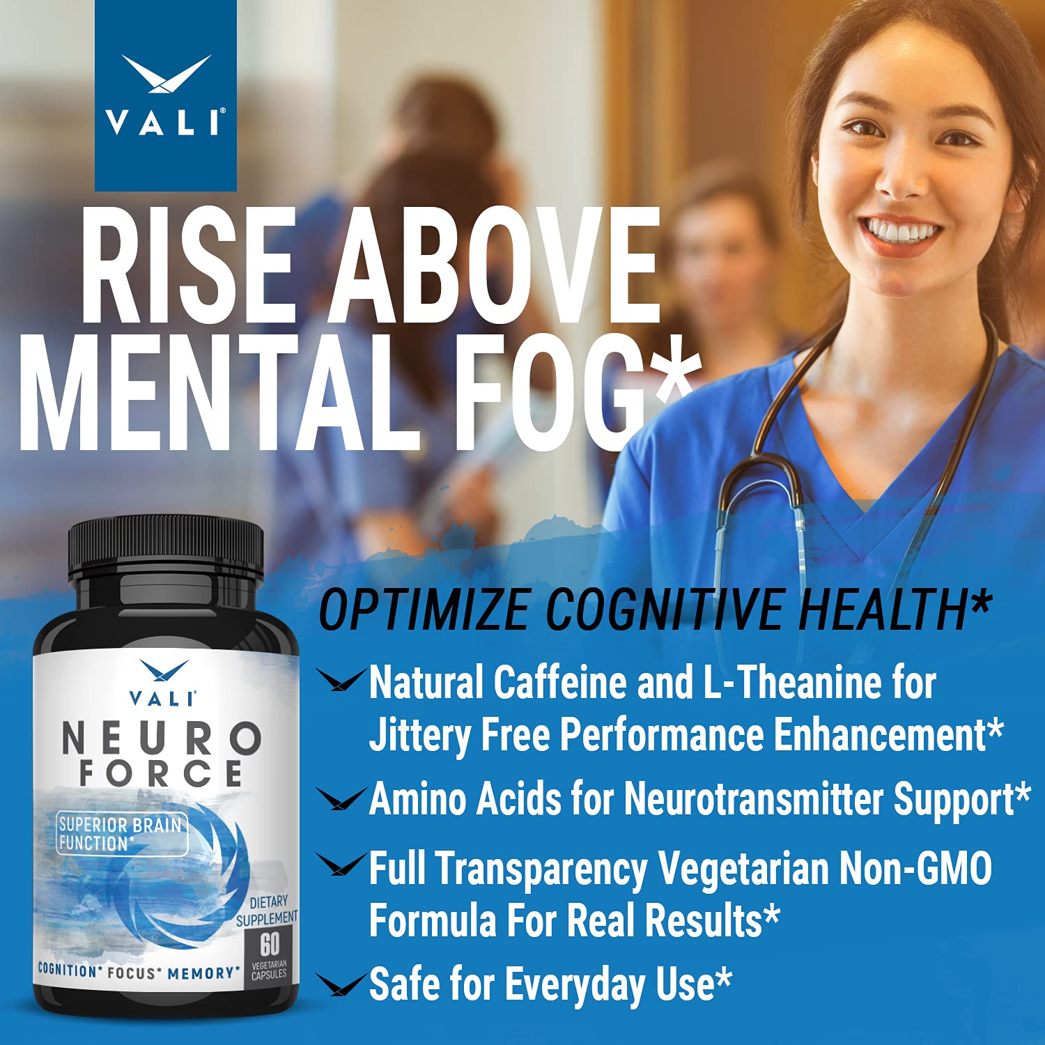 VALI Neuro Force Brain Booster Supplement for Focus, Memory, Clarity & Energy. Extra Strength Nootropic Cognitive Function Support for Mental Performance. with Natural Caffeine. 60 Veggie Capsules VALI buy supplements canada