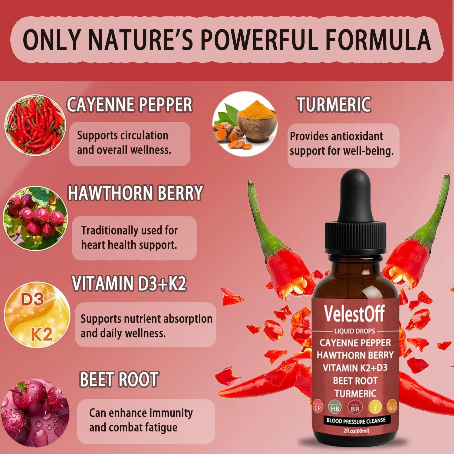Velestoff Cayenne Pepper & Cayenne Pepper Drops Liquid Supplement with Hawthorn, Beet Root, Turmeric, Vitamin K2 D3 Nutralis buy supplements canada