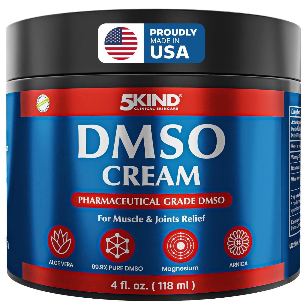 5Kind DMSO Cream for Pain Relief 4 fl oz - 99.9% Pure DMSO Pharmaceutical Grade Cream - Aloe Vera, Magnesium, Arnica & Menthol - Topical Muscle and Joint Pain Relief - Registered NDC - Made in USA 5kind clinical skincare buy supplements canada