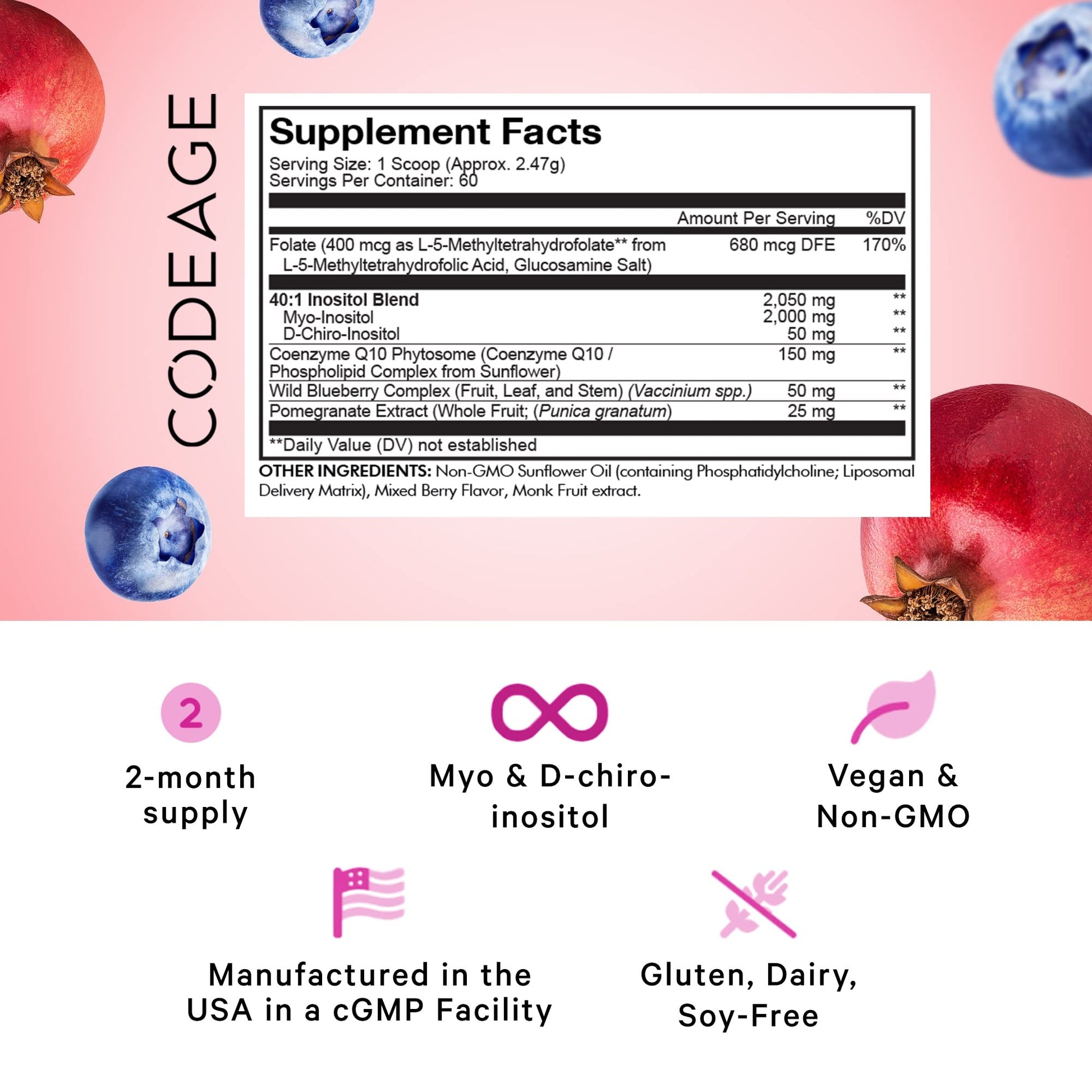 Codeage Liposomal Ovarian Inositol Powder - Myo-Inositol & D-Chiro-Inositol 40:1 Blend, Folate 5-MTHF, CoQ10, Pomegranate & Wild Blueberry - 2-Month Supply - Mixed Berry Flavor - Non-GMO, 60 Servings Codeage buy supplements canada