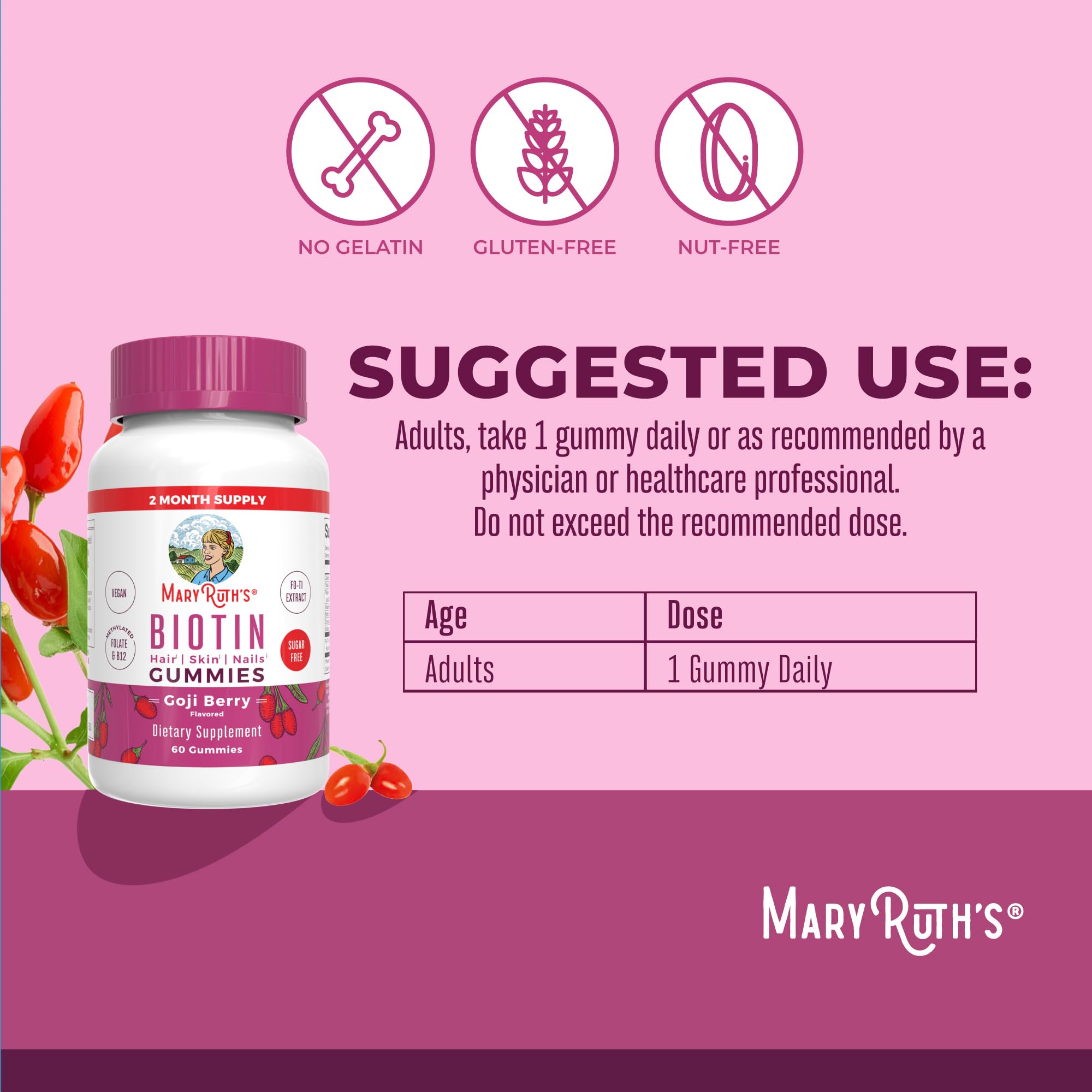 MaryRuth Organics Biotin Gummies | Sugar Free | Vegan | Non-GMO | 2,500 mcg Biotin Supplement | Hair Skin and Nails Vitamins | Hair Growth Vitamins | Hair Growth Supplement | 60 Count MARYRUTH'S buy supplements canada