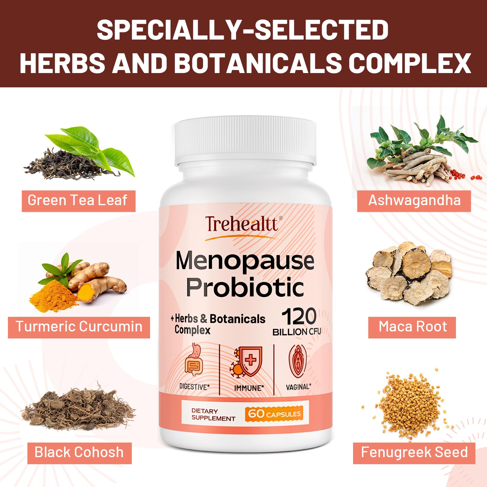 Menopause supplements for women, 120 Billion CFU Probiotic, 13-in-1 Herbs & Botanicals Complex, for Hormone Menopause, Hot Flashes, Night Sweats, Mood Swings, Sleep Disturbances, Vegan, 60 Capsules Trehealtt buy supplements canada