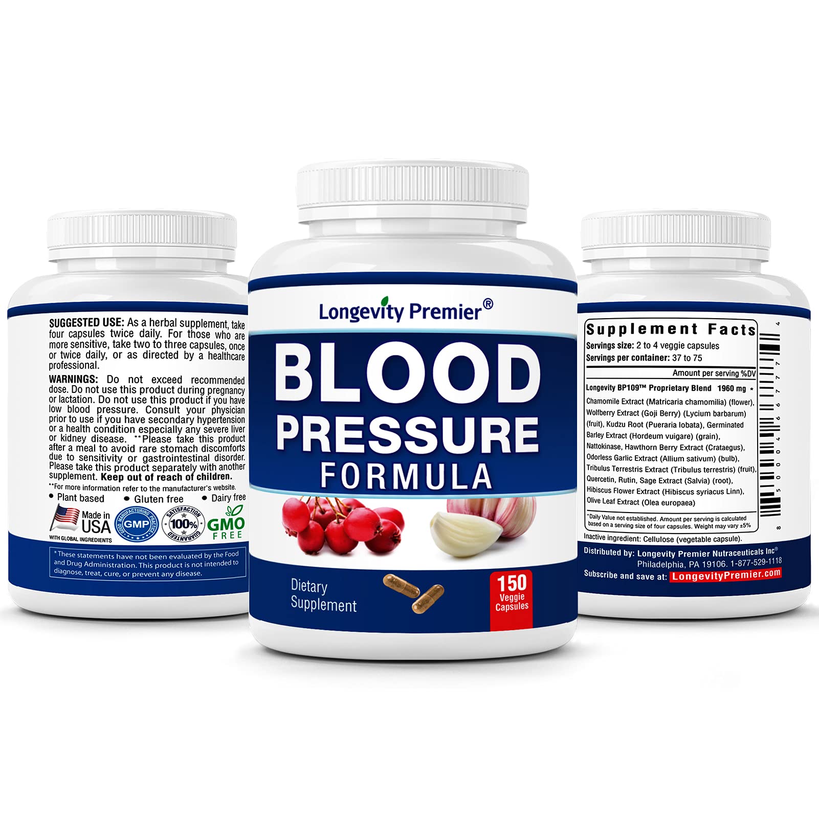 [3-Bottle X 150 Caps] Longevity Blood Pressure Formula -Scientifically formulated with Hawthorn & 12+ Quality Natural Herbs LONGEVITY PREMIER NUTRACEUTICALS INC buy supplements canada