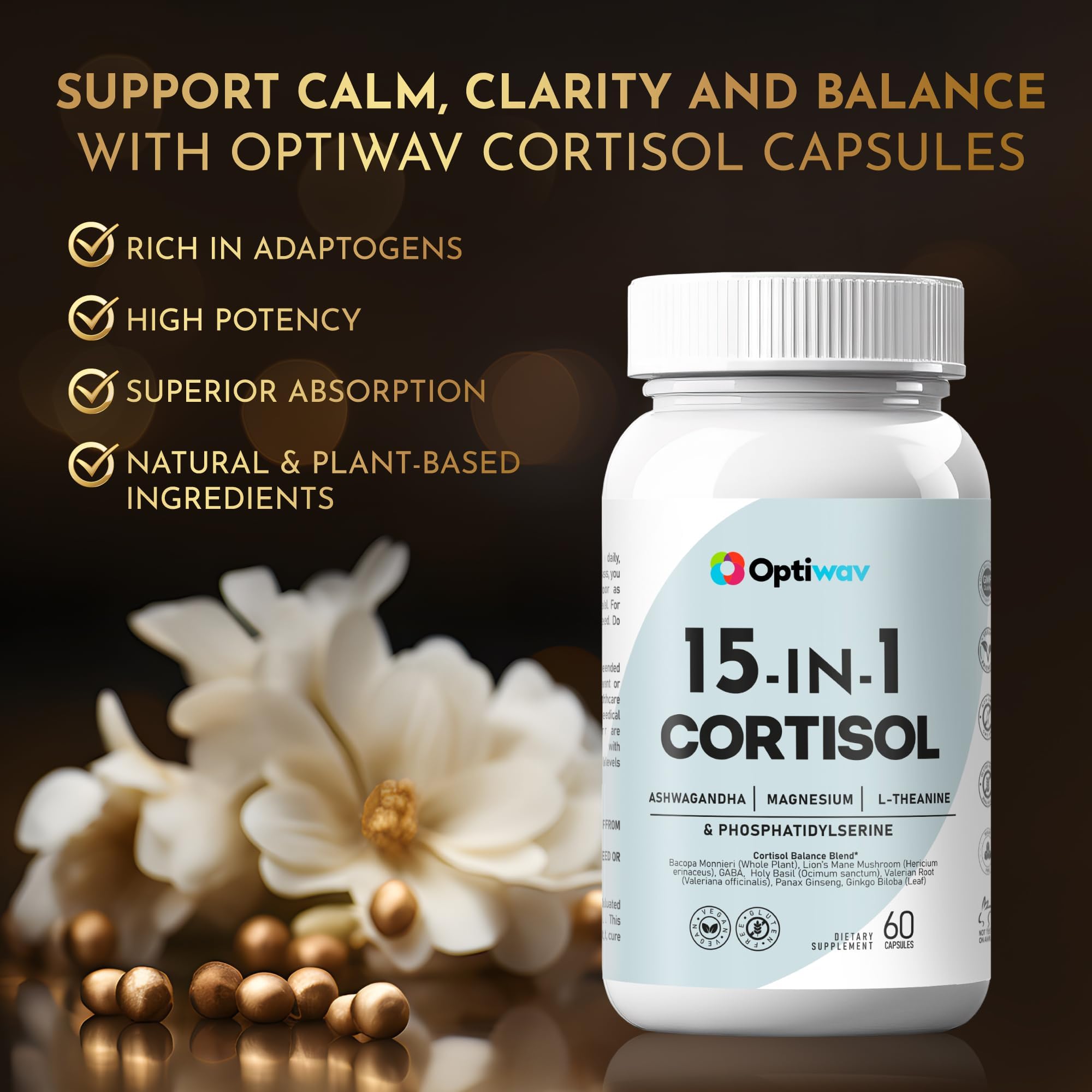 Optiwav Cortisol Detox Supplement for Women Men - Control & Lowering High Cortisol Level - Balance Calm Stress Relief Cleanse Adrenal Health Support - Magnesium Ashwagandha Cortisol Blocker Reducer Optiwav buy supplements canada