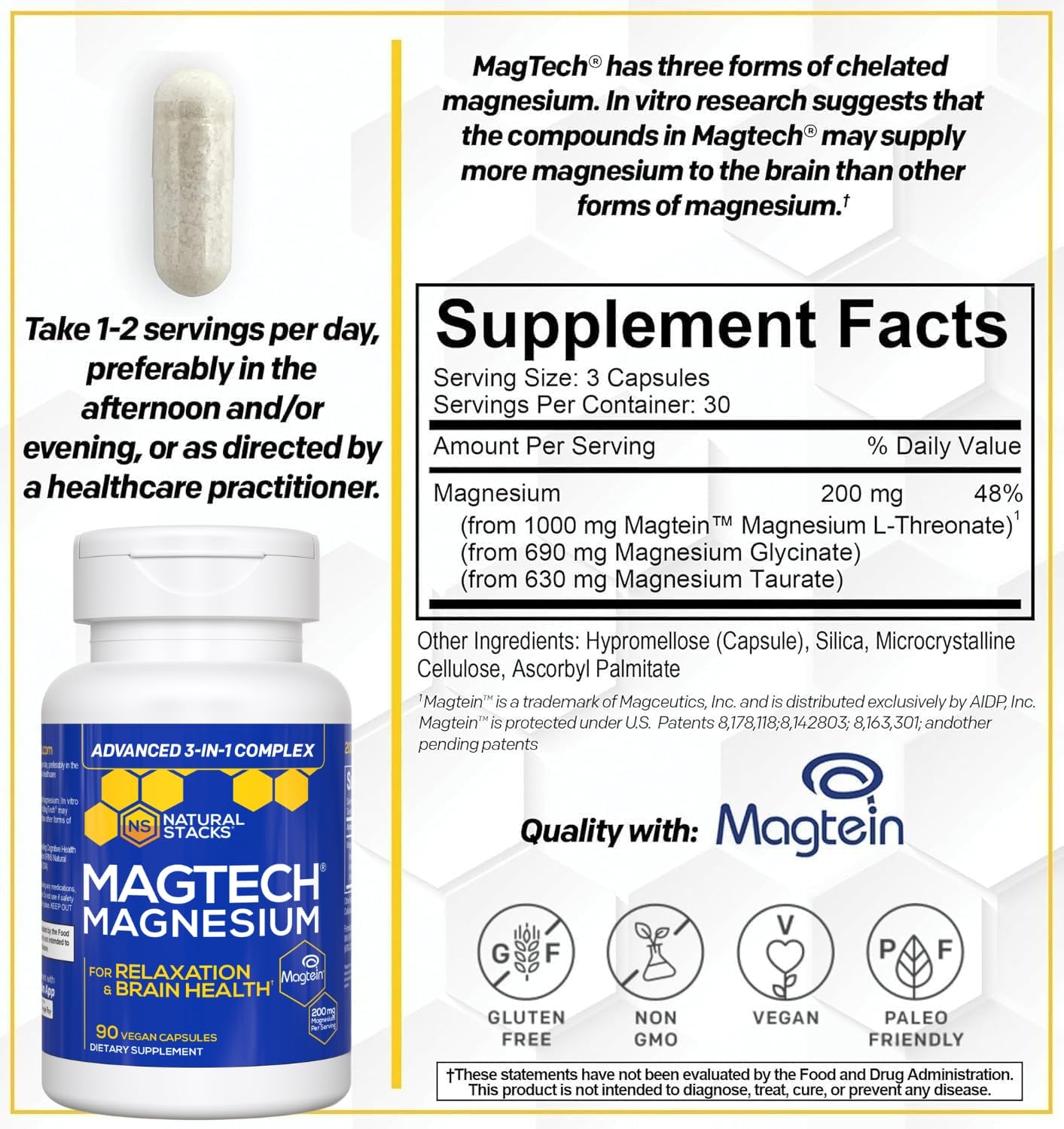 MagTech Magnesium Complex for Women & Men - 3 Forms of Magnesium: Glycinate, Magtein L-Threonate & Taurate - 200mg Chelated Complex NATURAL STACKS buy supplements canada