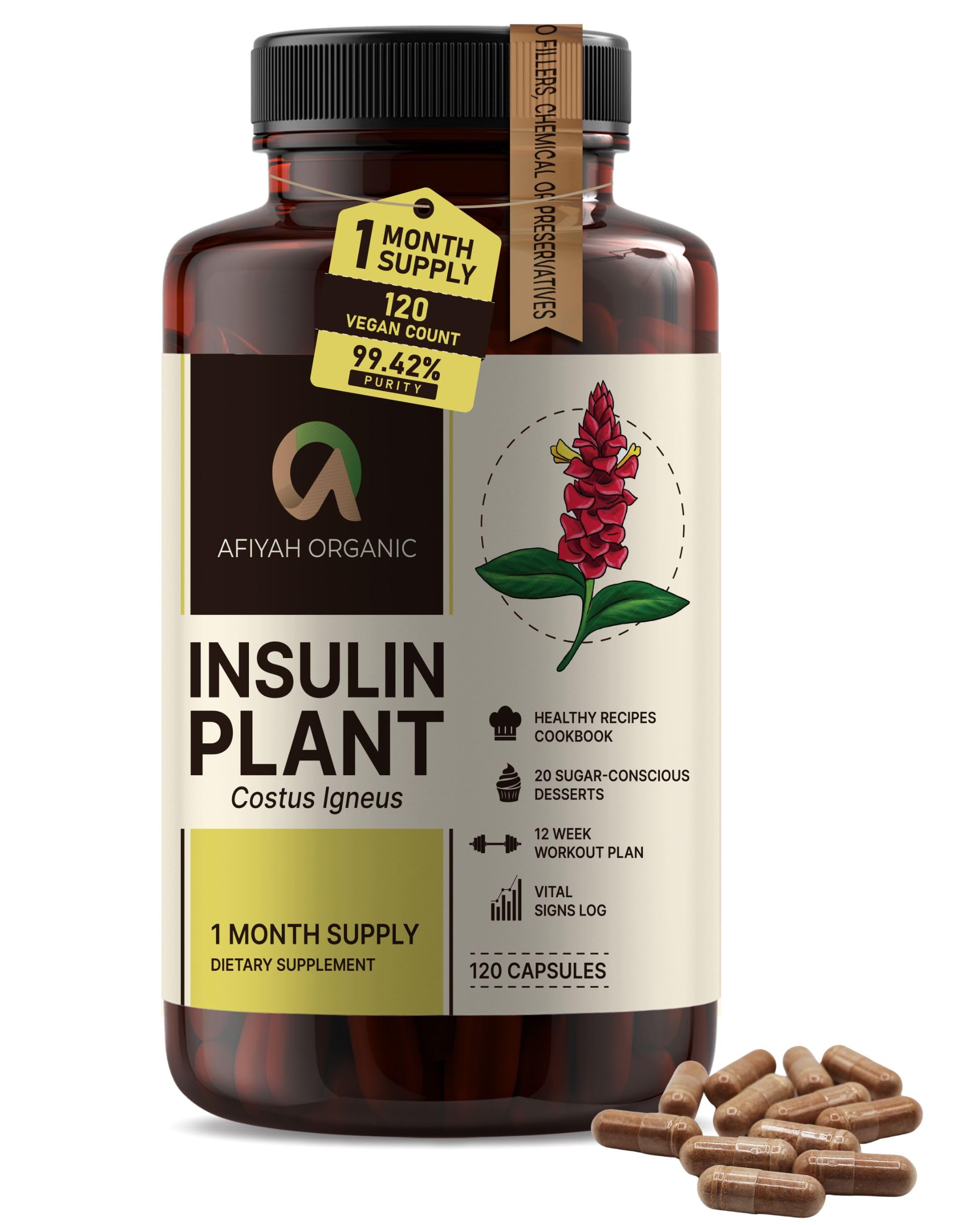 Afiyah Organic - Premium Quality Costus Igneus (Insulin Plant) Capsules - Easy to Swallow 120 Veggie Capsules (1 Month Supply) - Made in the USA - Including Complete Health Support Program Afiyah Organic buy supplements canada