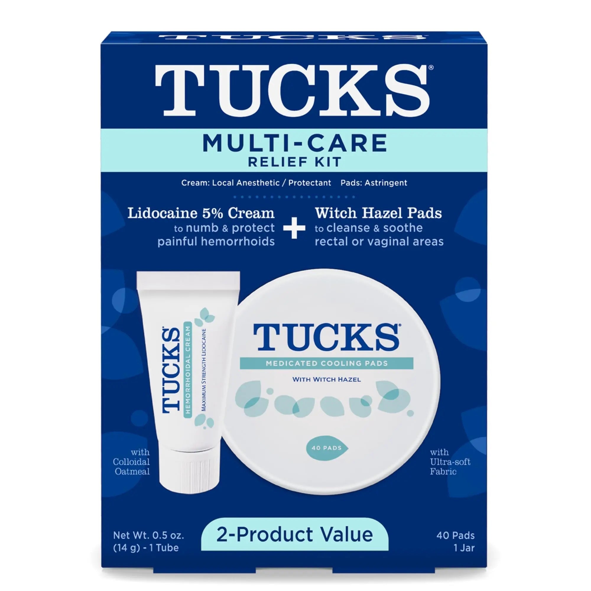 Tucks Multi-Care Relief Kit – 40 Count Witch Hazel Pads & 0.5 oz. Lidocaine Cream - Protects from Irritation, Hemorrhoid Treatment Medicated Pads Used by Hospitals TUCKS buy supplements canada