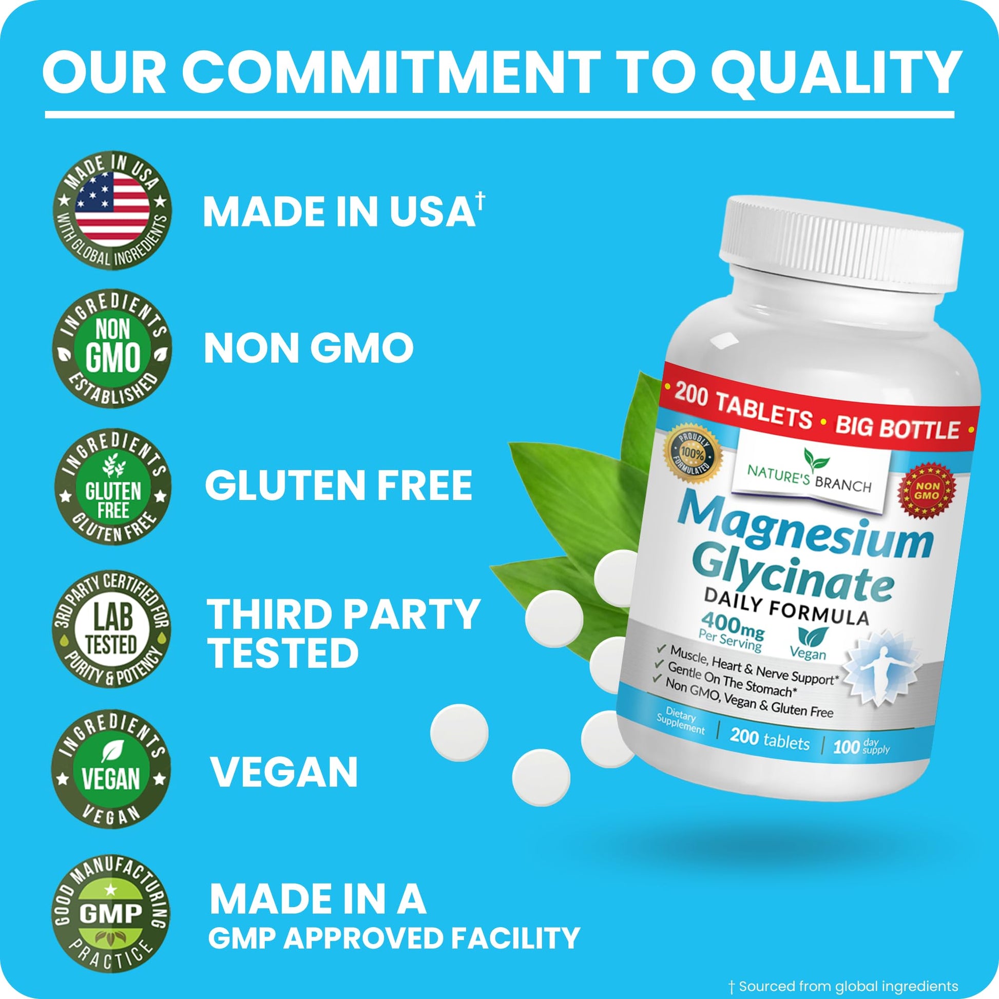 Magnesium Glycinate 400mg | 200 Tablets | High Absorption Mag Supplements for Sleep, Leg Cramps, Heart, Muscle, Calm | Non Buffered Bisglycinate, Extra Strength for Women and Men, Tablets Not Capsules NATURE'S BRANCH buy supplements canada