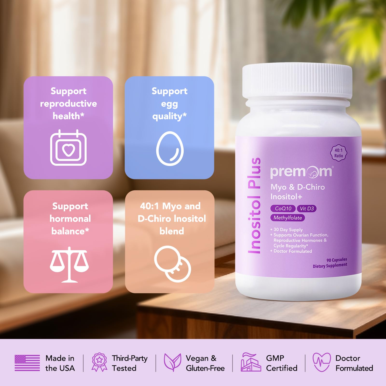 Premom Inositol Plus - 2000mg Myo-Inositol & 50mg D-Chiro Inositol, CoQ10, Folate & Vitamin D3-40:1 Ratio - Supports Hormonal Balance, Ovarian & Reproductive Health - 30 Day Supply Premom buy supplements canada