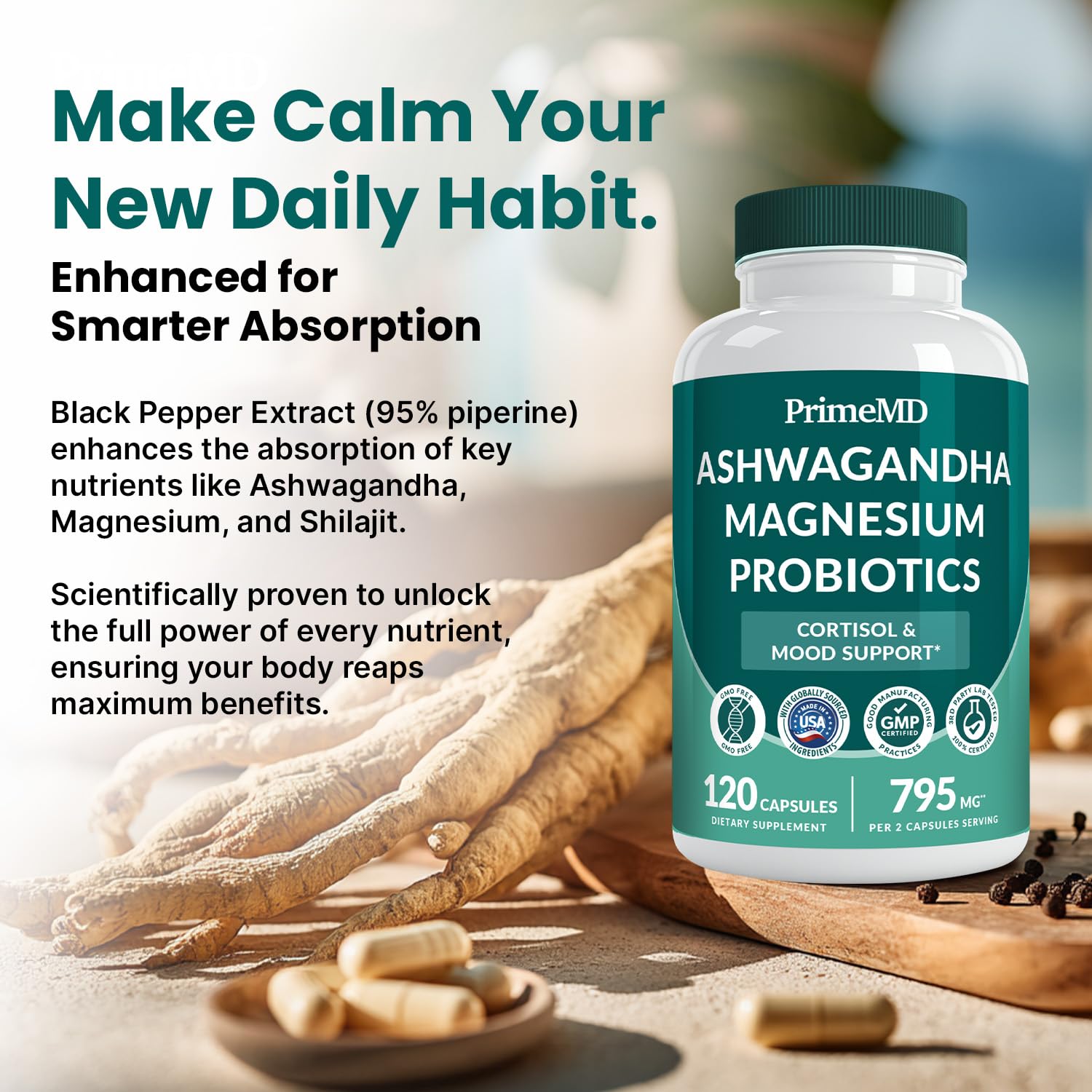 5-in-1 Cortisol Supplement for Women and Men with Ashwagandha for Calmness, Focus, and Adrenal Support Supplements with Shilajit Extract, Magnesium Glycinate, Probiotics (120 ct) (Pack of 1) PrimeMD buy supplements canada