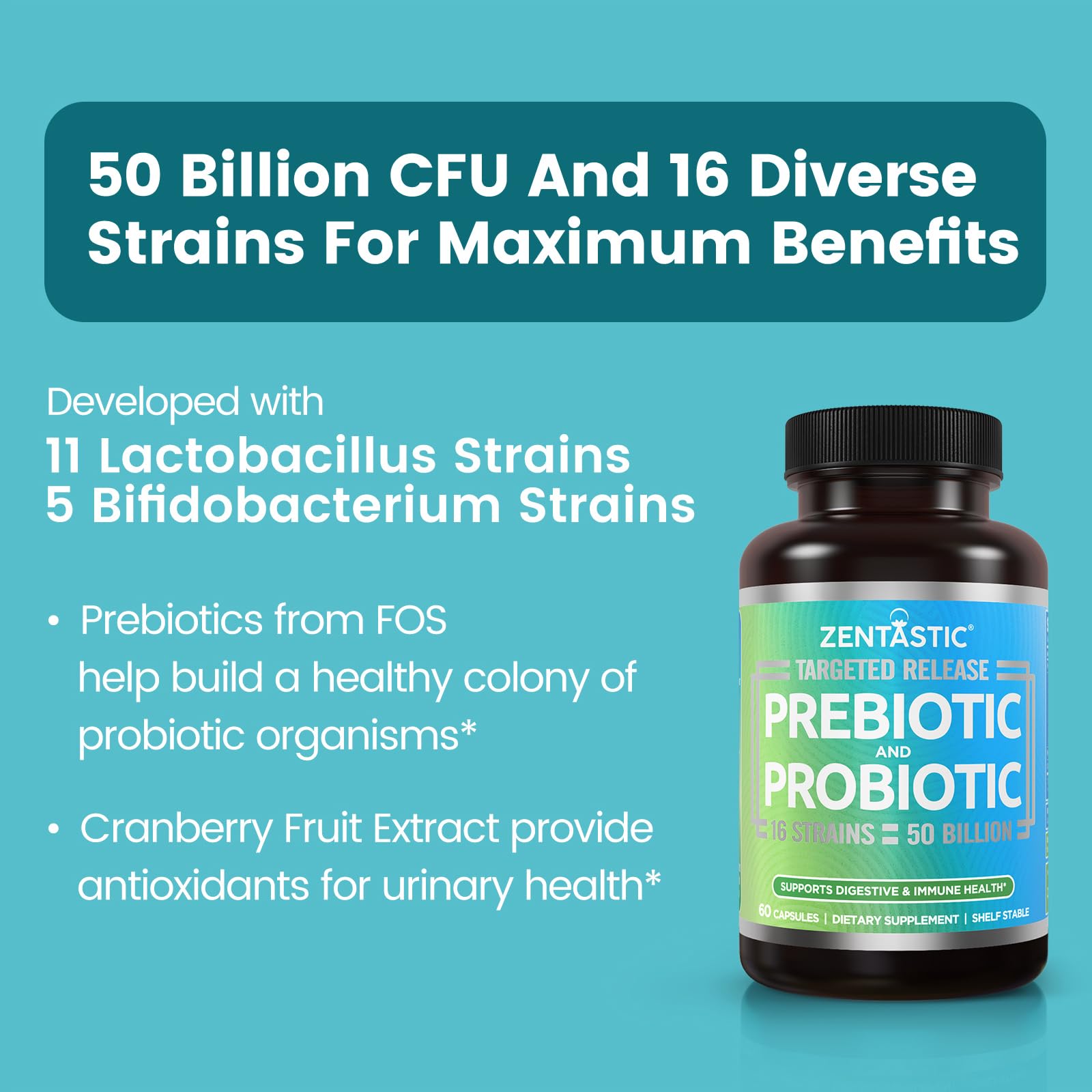 Zentastic Probiotics & Prebiotics Supplement - 50 Billion CFU - for Men & Women’s Immune & Digestive Health - 16 Strains - Shelf Stable - 180 Delayed Release Veggie Capsules Zentastic buy supplements canada