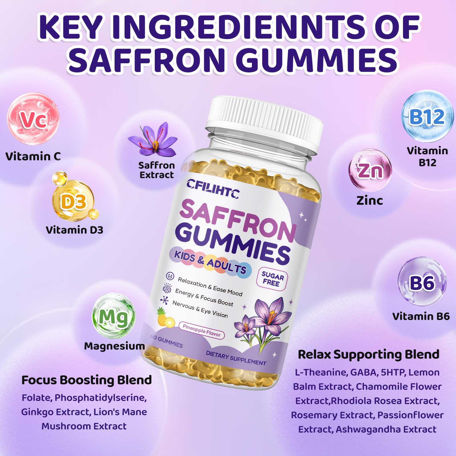 Saffron Gummies for Kids & Adults, 20-in-1 Saffron Supplements with 88.5mg Saffron Extract, B6, B12, C, D3, Magnesium for Calm, Focus, Nerve, Sugar Free, Vegan, Non-GMO - Pineapple Flavor, 60 Counts CFILIHTC buy supplements canada