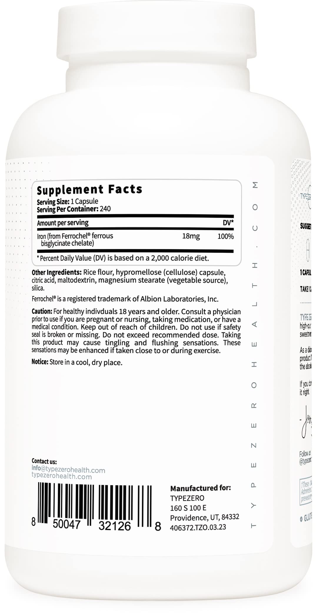 Type Zero Iron Chelate Capsules (18 MG, 240 CAPS) from Ferrochel Ferrous Bisglycinate Chelate - Non-GMO and Gluten Free Type Zero buy supplements canada