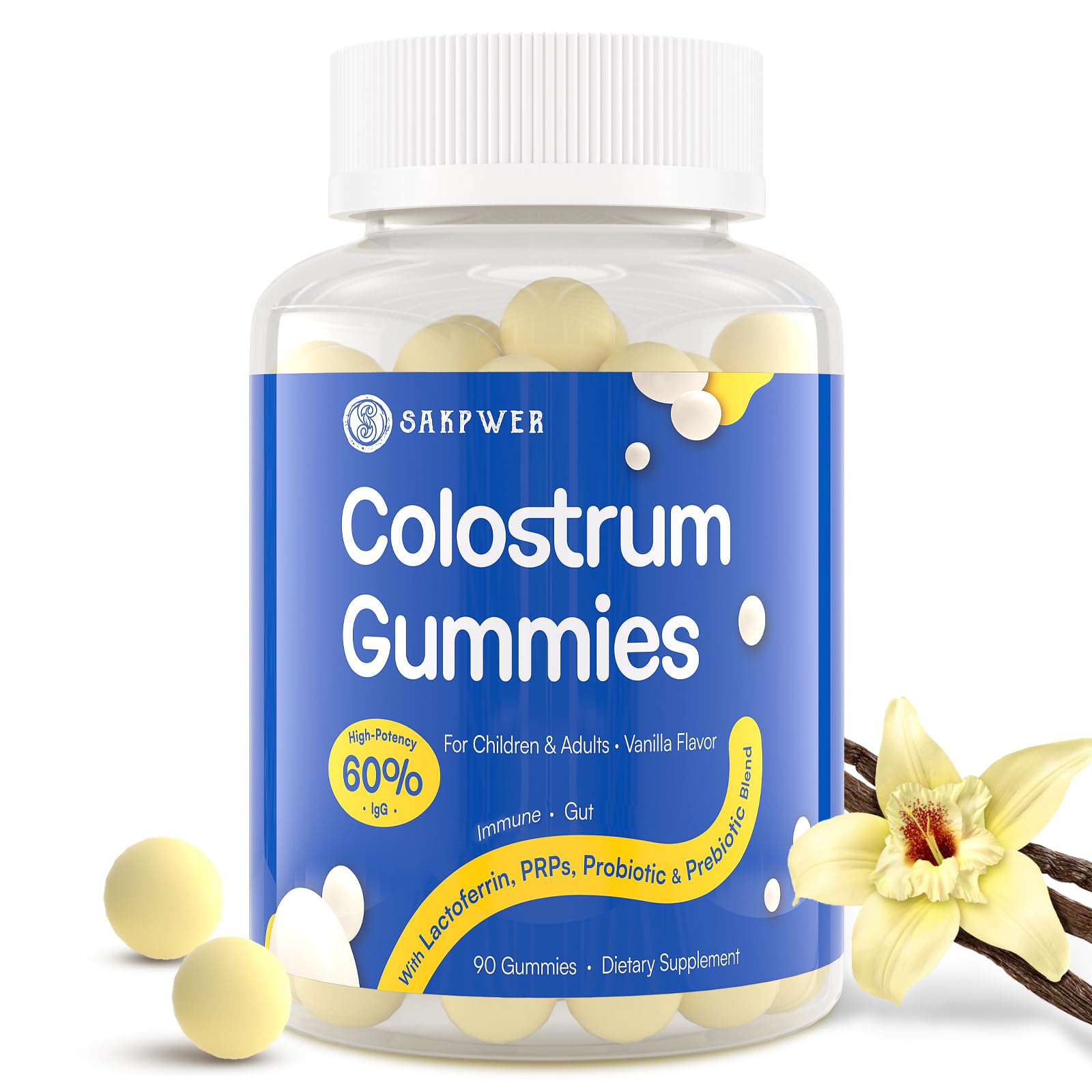 Sakpwer Bovine Colostrum Supplement Gummies - with 60% Highest IgG, Lactoferrin, Probiotics and Prebiotics for Adults and Kids, Vanilla Flavor & Sugar Free, 90 Gummies Sakpwer buy supplements canada
