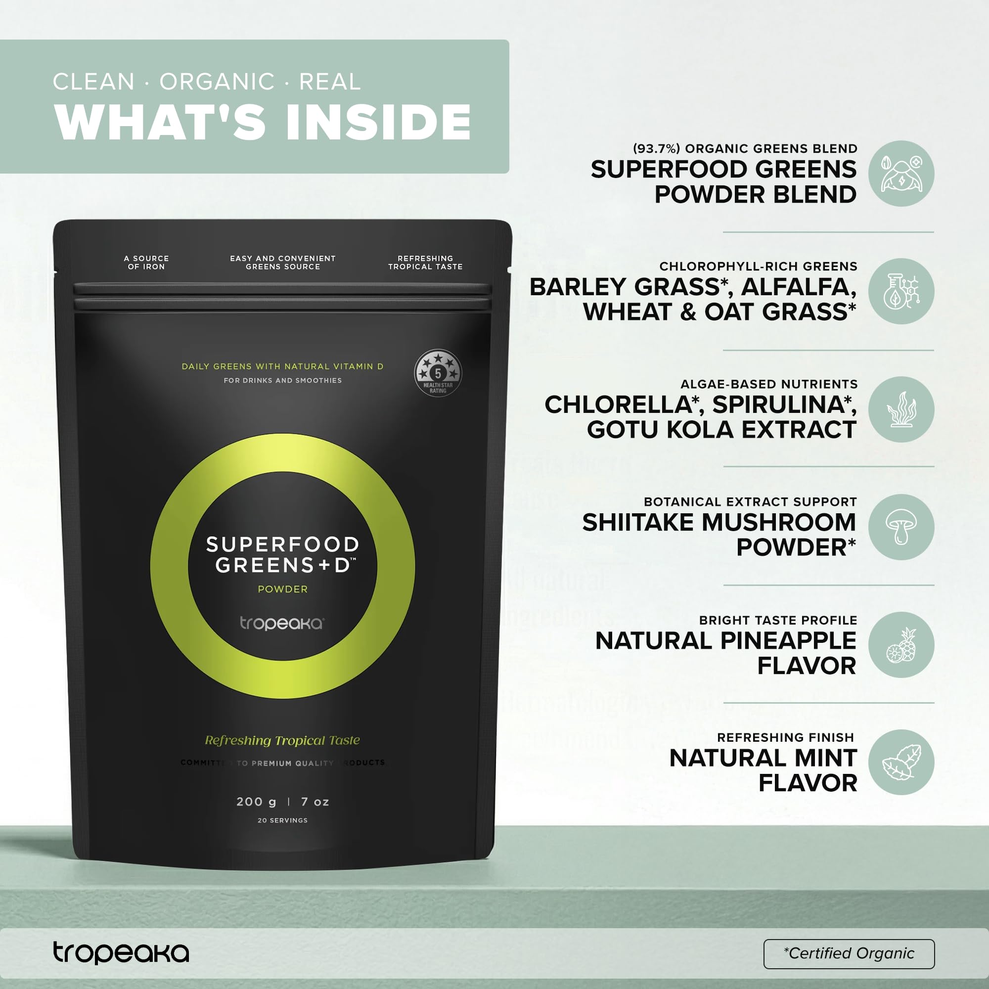 Tropeaka Superfood Greens + D - Antioxidant Green Powder for Energy, Immune System, & Gut Health, Rich in Chlorophyll & Essential Nutrients, Vitamin D, Vegan, Gluten Free, Non-GMO - 7oz (20 Servings) Tropeaka buy supplements canada