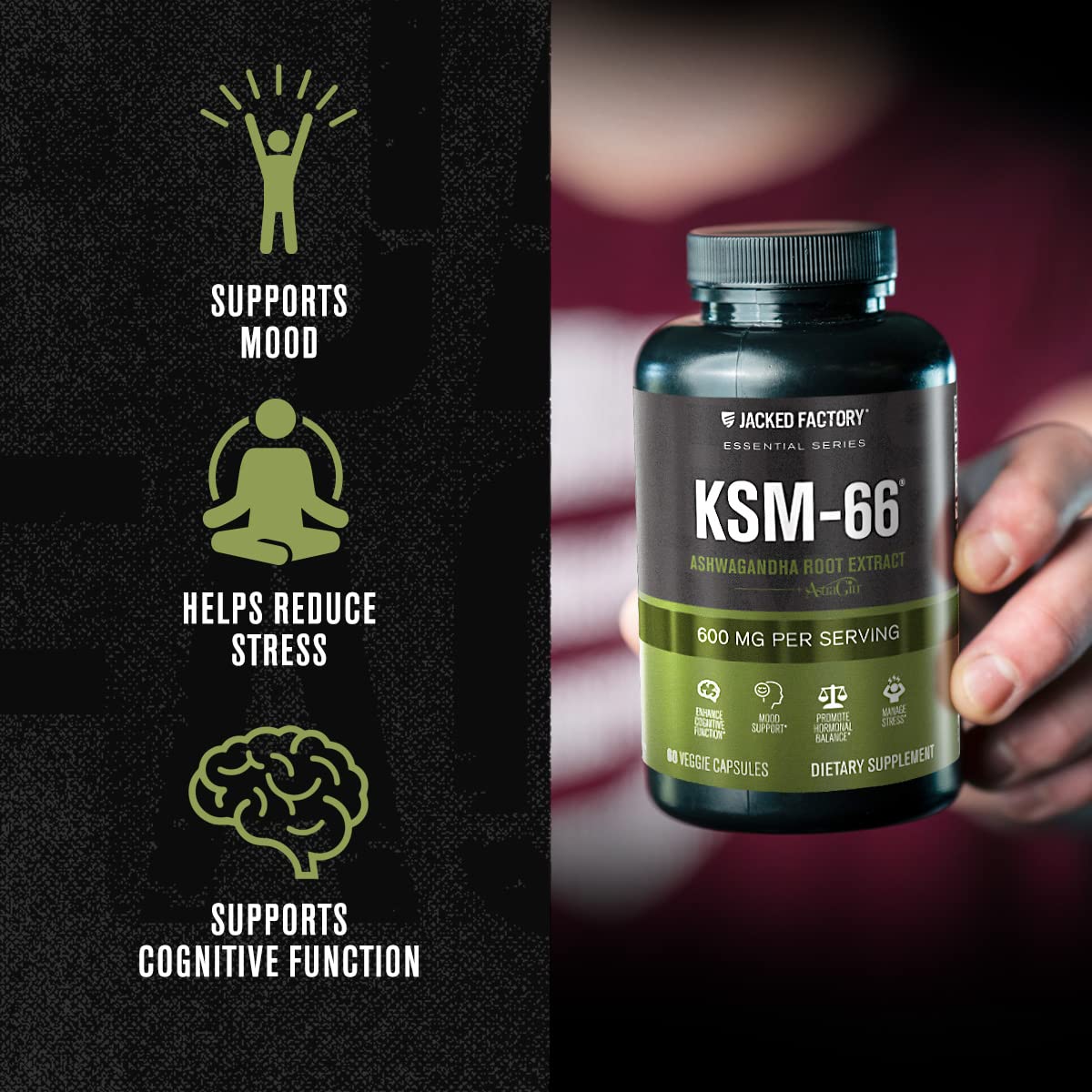 Jacked Factory Ashwagandha Root Extract (KSM-66 Ashwagandha) w/ 5% Withanolides - Supplement for Natural Stress Relief, Cognitive Function, Vitality, and Mood Support - 60 Veggie Capsules Jacked Factory buy supplements canada