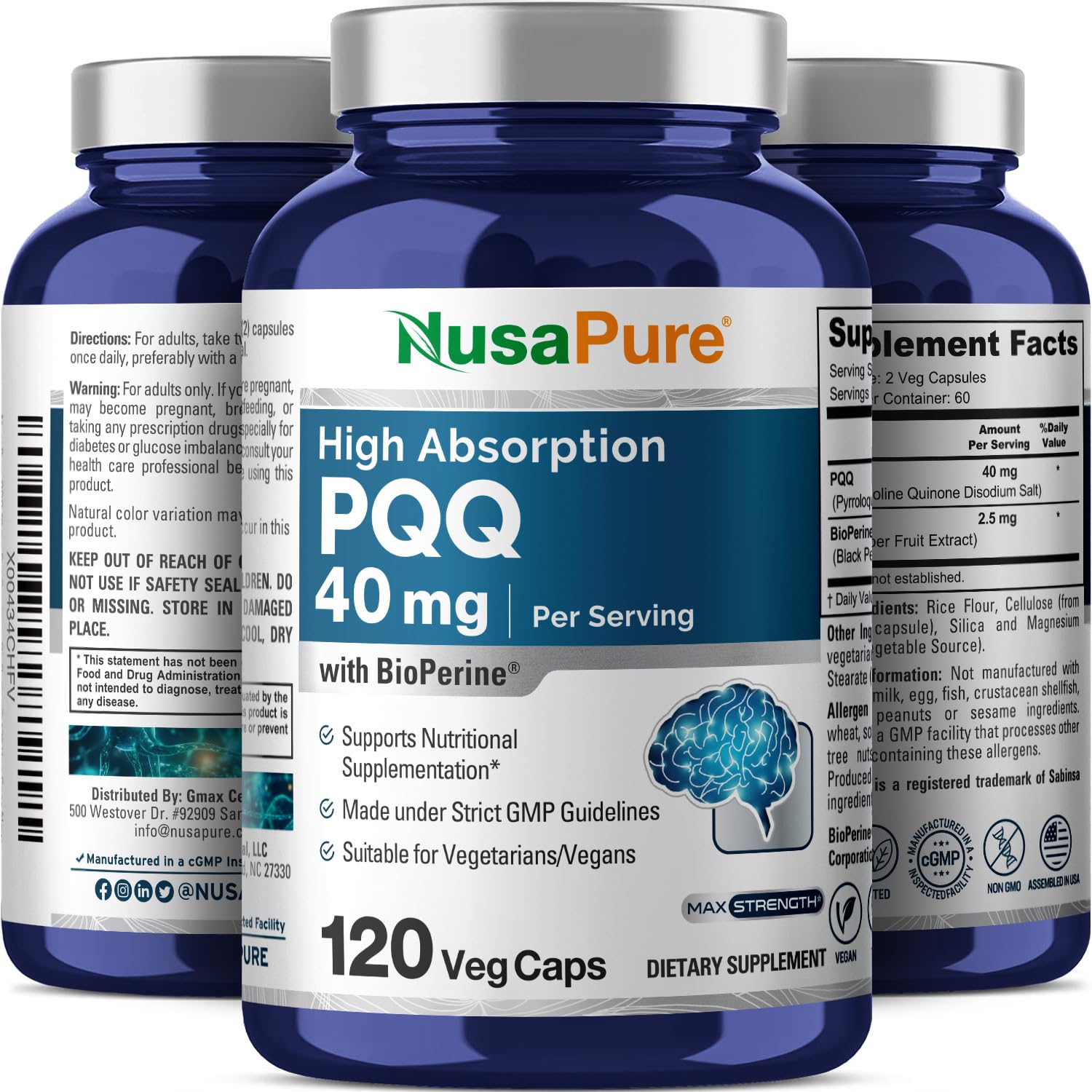 NusaPure PQQ Supplement 40 mg, 120 Veggie Capsules, Non-GMO, Pyrroloquinoline Quinone Disodium Salt, Bioperine & Vegan NusaPure buy supplements canada