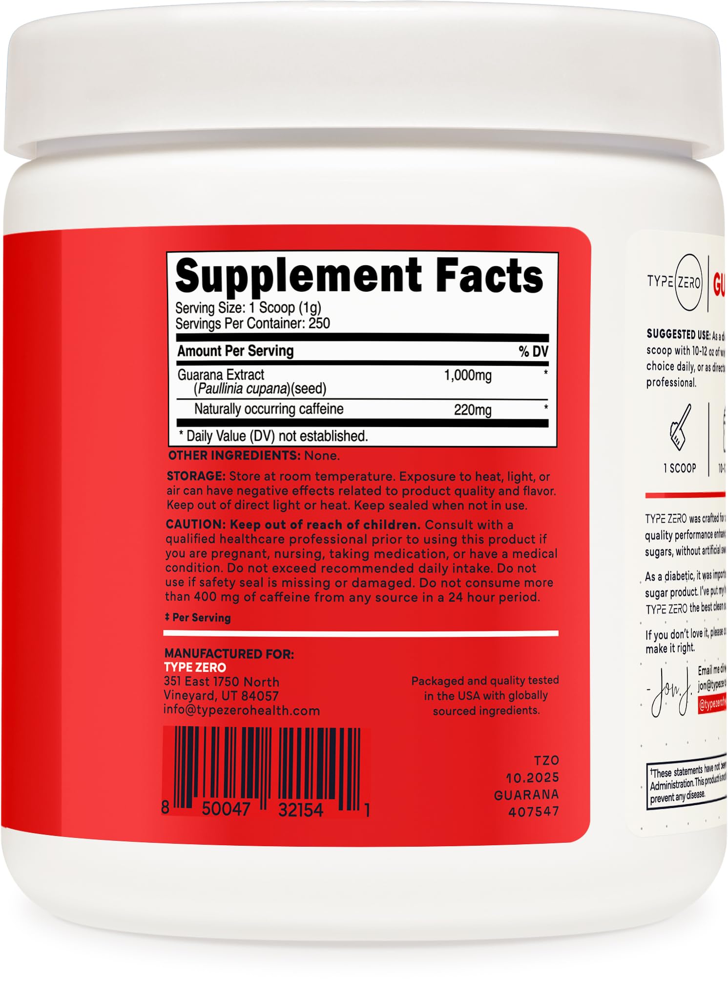 Type Zero Clean Guarana Powder Drink Mix (250 Servings, Unflavored) - 220 MG Caffeine Per Serving, Natural Caffeine, Non GMO, Gluten Free Type Zero buy supplements canada