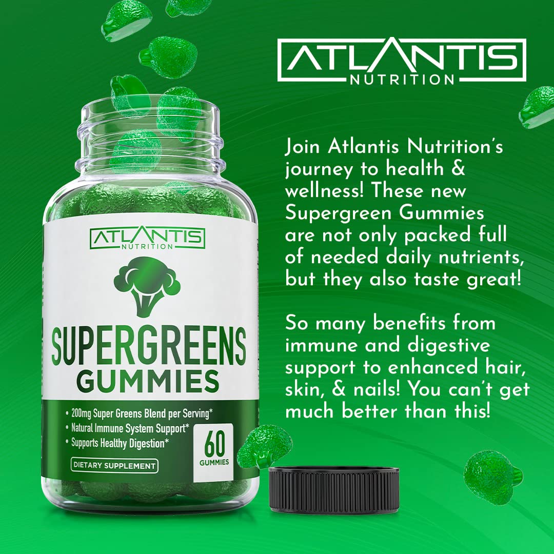 Atlantis Nutrition Supergreens Gummies - Daily Green Superfoods Supplement with Spinach, Broccoli, Moringa, Beet Root, Celery, Green Tea, & Acai for Immunity Support - Natural Raspberry Flavor, 60 cnt Atlantis Nutrition buy supplements canada