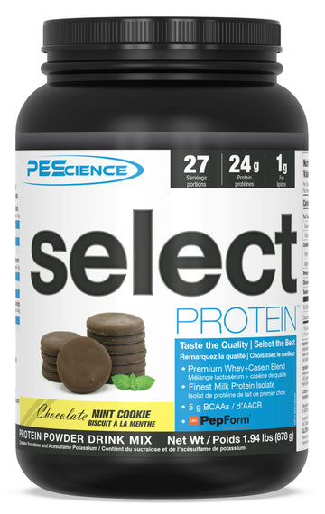Select Protein Chocolate Mint Cookie 27 PEScience buy supplements canada