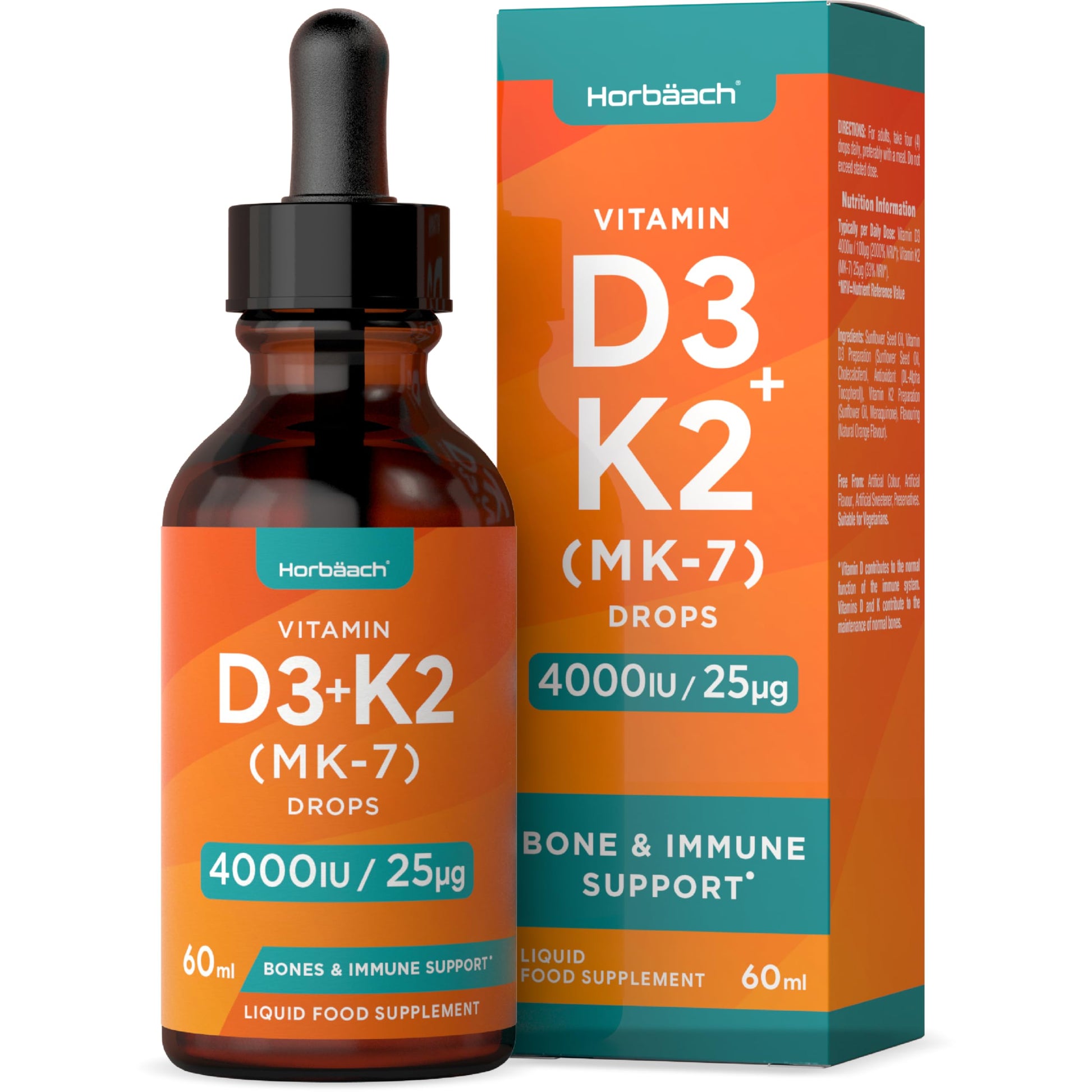 Vitamin D3 K2 Drops | 60mL | High Strength Vitamin D3 4000iu and K2 25ug | No Artificial Horbäach buy supplements canada