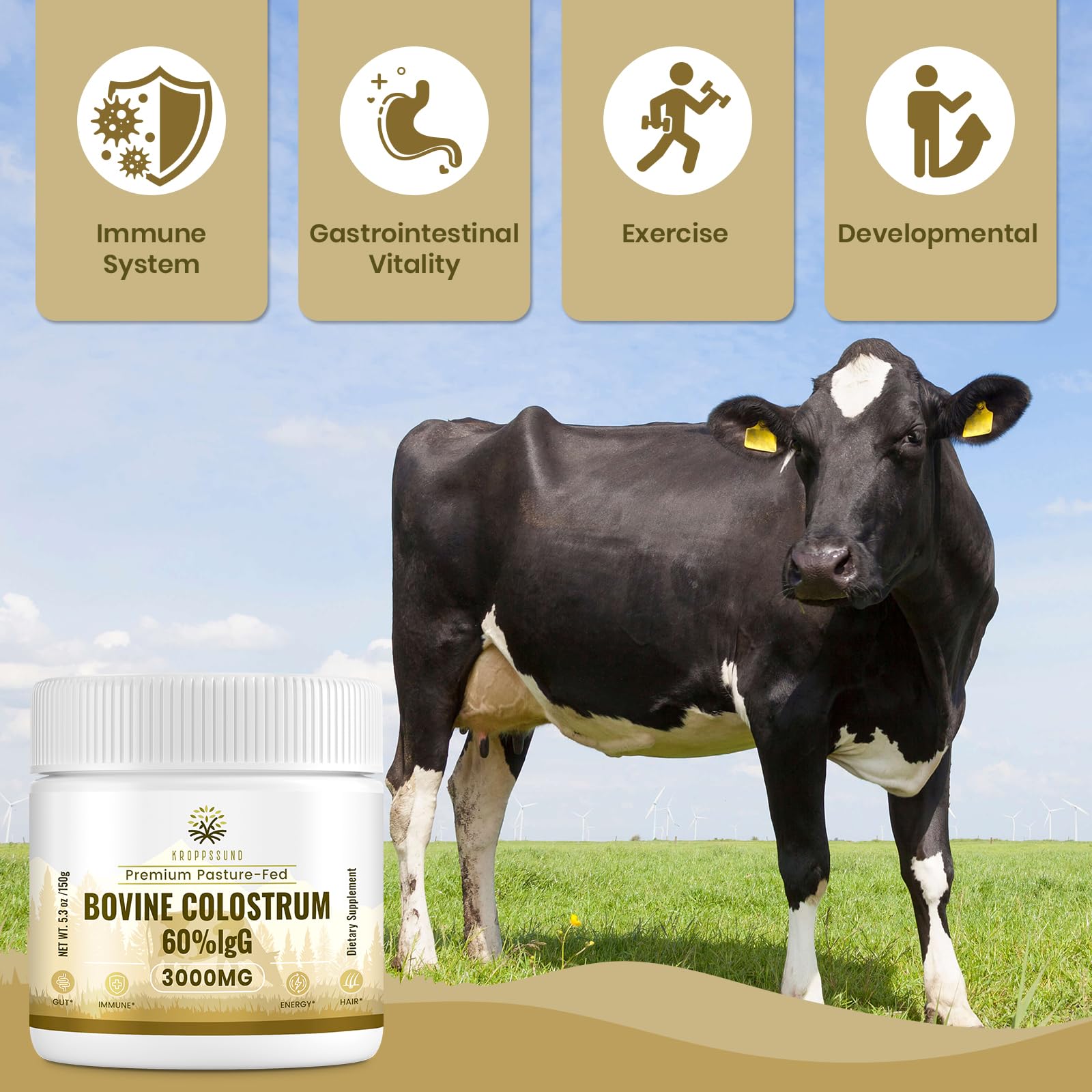 Kroppssund Bovine Colostrum Powder Supplement 3000 mg - Extra High 60% IgG Bovine Colostrum - Gut, Bone, Exercise, Immune - 50 Servings (1 Bottle) Kroppssund buy supplements canada