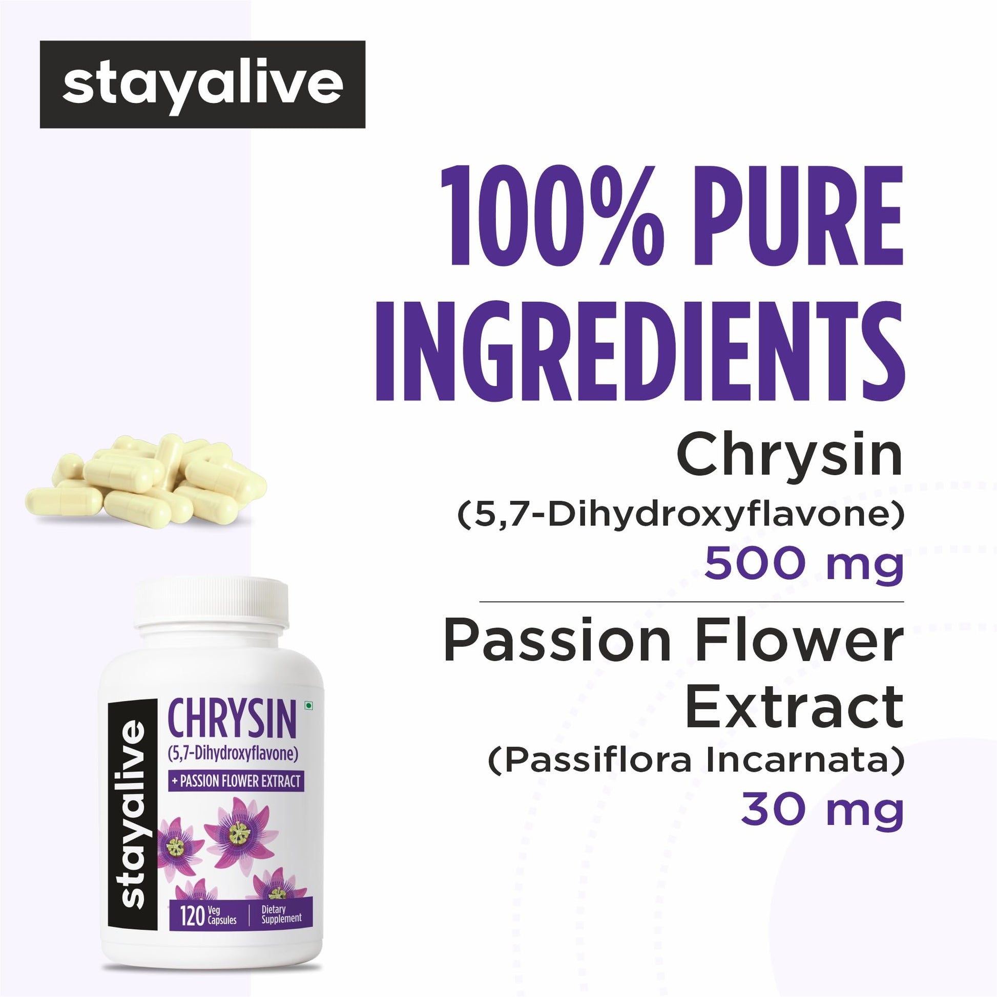STAY ALIVE Chrysin Supplement 500mg & Passion Flower Extract Powder, 5,7-Dihydroxyflavone, Non-GMO and Gluten-Free Chrysin for Men and Women, 120 Capsules STAY ALIVE buy supplements canada