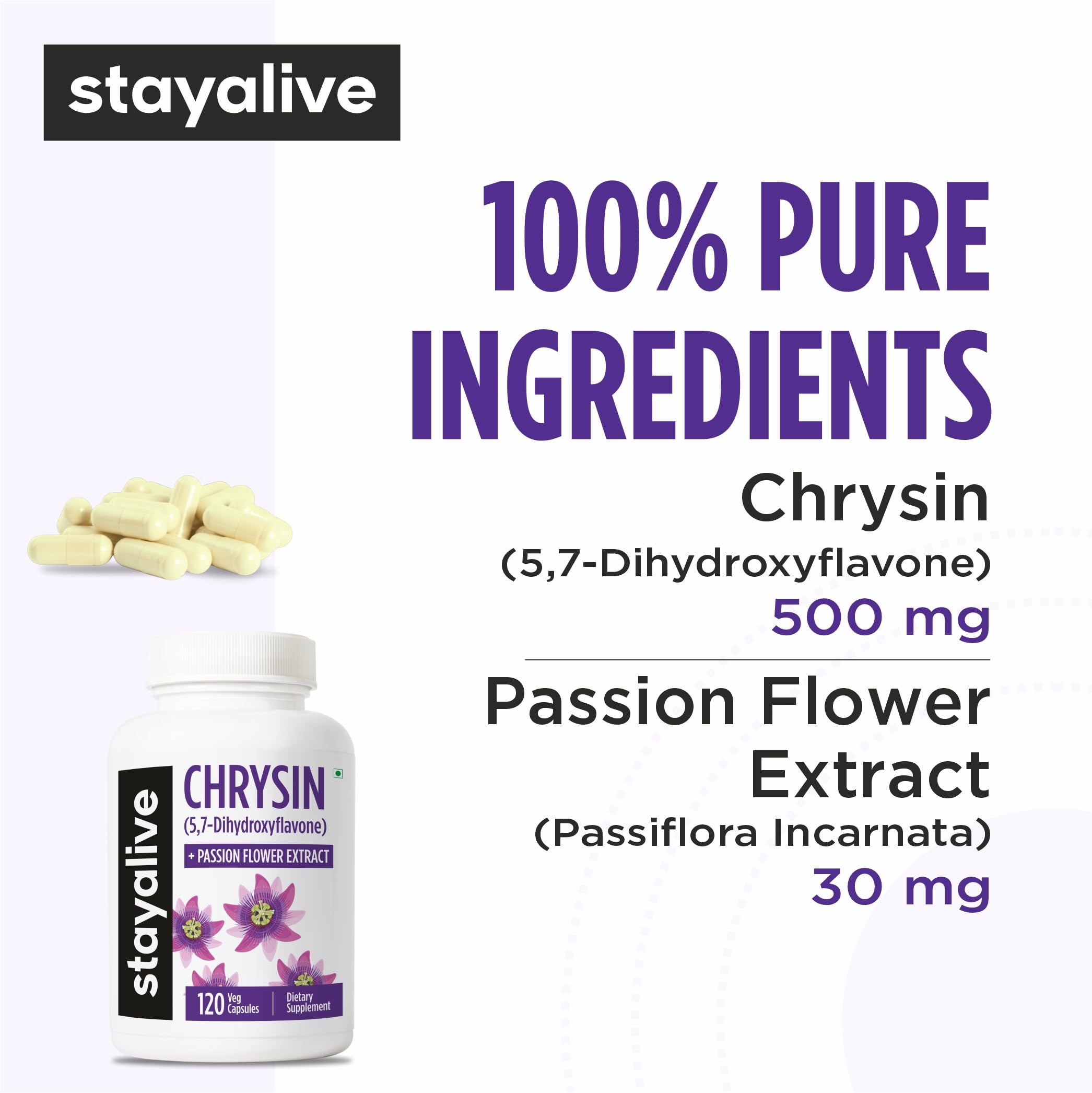 STAY ALIVE Chrysin Supplement 500mg & Passion Flower Extract Powder, 5,7-Dihydroxyflavone, Non-GMO and Gluten-Free Chrysin for Men and Women, 120 Capsules STAY ALIVE buy supplements canada