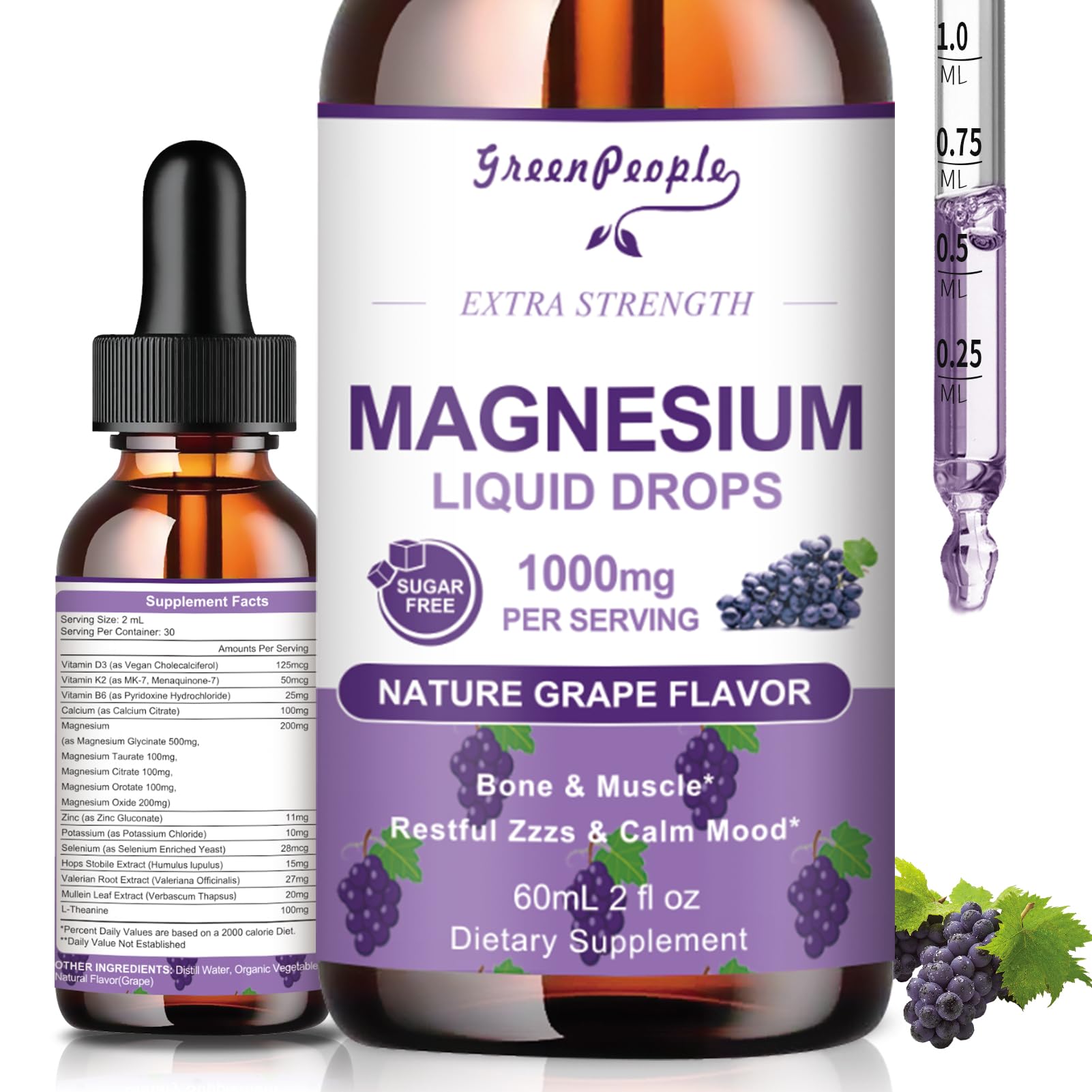 GREENPEOPLE Magnesium Glycinate Liquid Drops - 1000mg 5-in-1 High Absorption Liquid Magnesium for Sleep with D3/K2/B6 | Fast-Acting, Bone, Muscle & Sleep | Sugar-Free Grape Flavor, 2fl Oz GREENPEOPLE buy supplements canada
