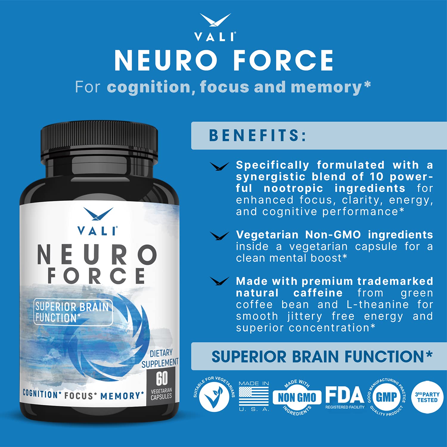 VALI Neuro Force Brain Booster Supplement for Focus, Memory, Clarity & Energy. Extra Strength Nootropic Cognitive Function Support for Mental Performance. with Natural Caffeine. 60 Veggie Capsules VALI buy supplements canada