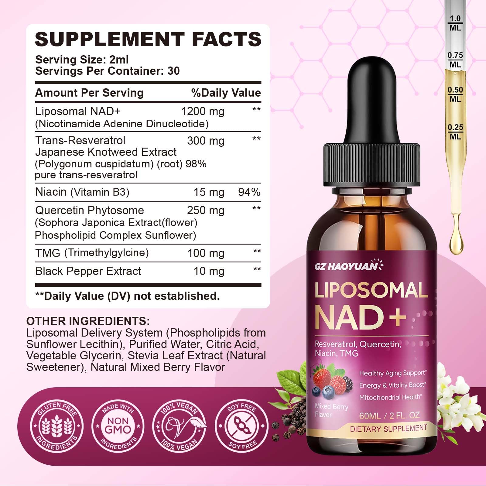 Liposomal NAD Supplement - 1200mg NAD+ Liquid Drops for Women & Men with Nicotinamide, Resveratrol, Quercetin, TMG, Black Pepper Extract - Brain & Cellular Mitochondrial Health, Anti-Aging, Longevity GZ HAOYUAN buy supplements canada