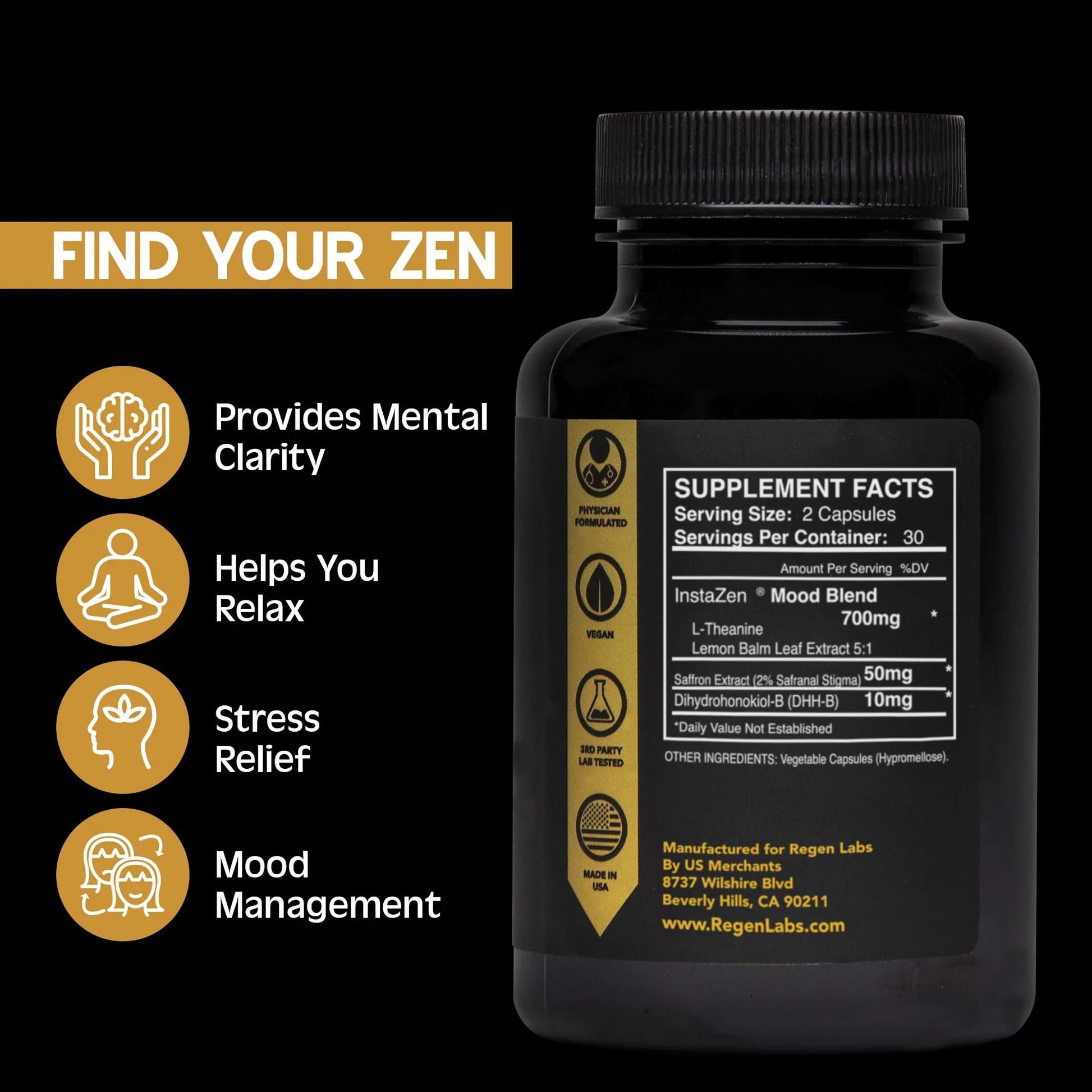 InstaZen Natural Stress Relief Supplement Mood Support | Doctor Formulated Herbal Calm Formula with DHHB, Safranal Extract, L-Theanine, Lemon Balm | Stress Support - 60 Capsules Regen Labs Regen Labs buy supplements canada