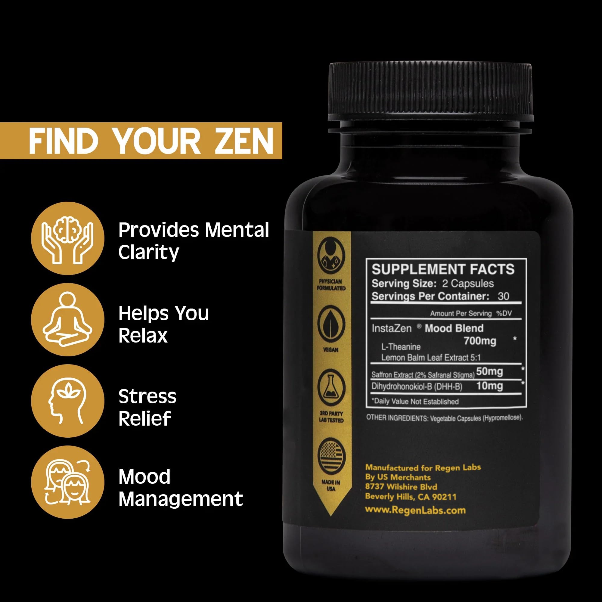 InstaZen Natural Stress Relief Supplement Mood Support | Doctor Formulated Herbal Calm Formula with DHHB, Safranal Extract, L-Theanine, Lemon Balm | Stress Support - 60 Capsules Regen Labs Regen Labs buy supplements canada