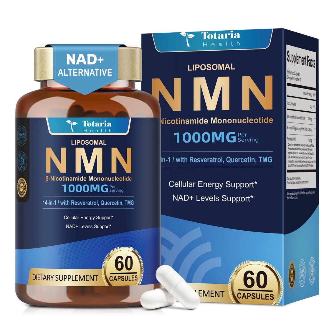 Totaria Liposomal NMN Supplement 1000mg, 14-in-1 NMN Resveratrol Complex with CoQ10, TMG, Quercetin, ALA, PQQ, Support NAD Levels, Cellular Energy & Healthy Aging, 60 Capsules, cGMP, Filler Free Totaria buy supplements canada