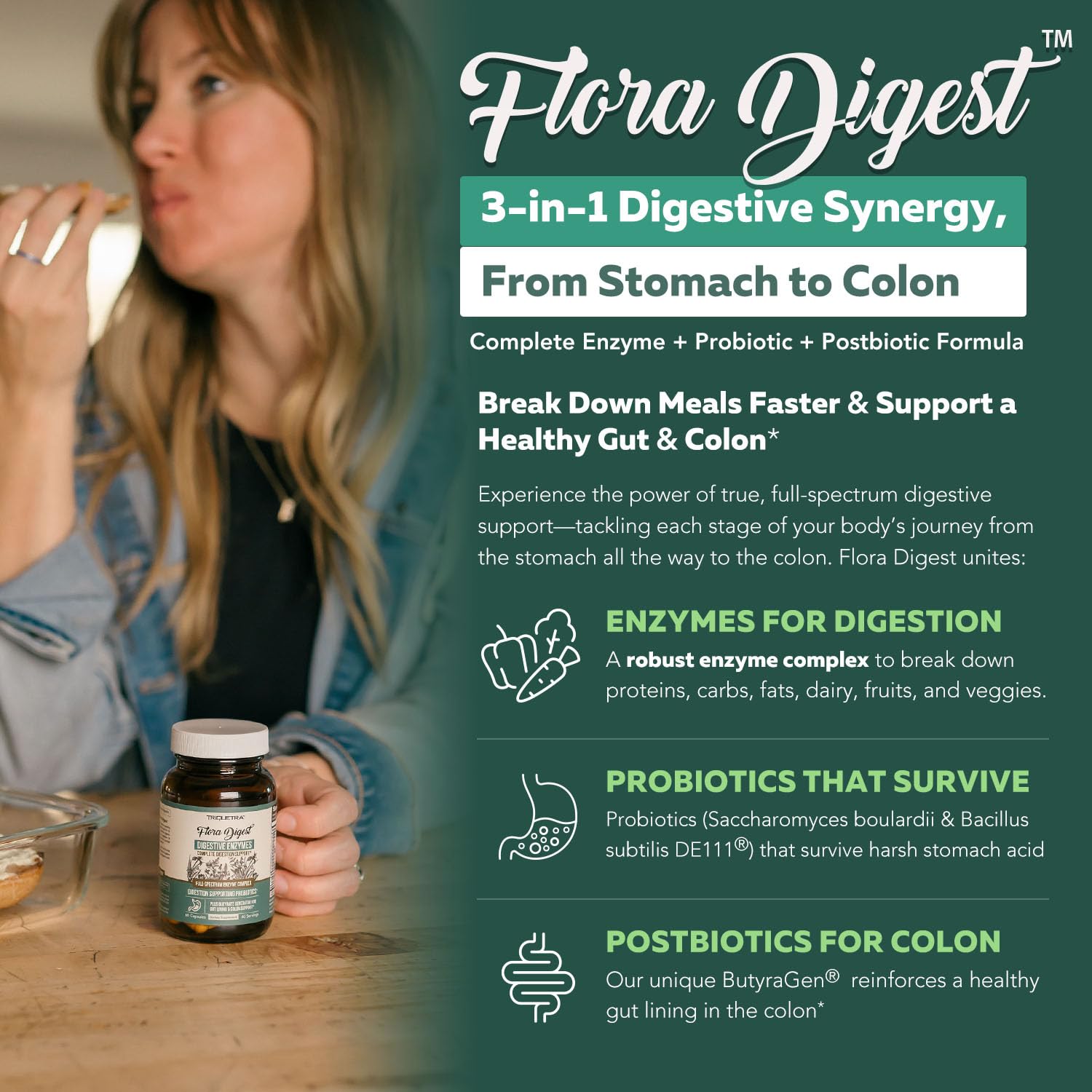 Flora Digest - 3-in-1 Max Strength Digestive Enzymes + Gut Surviving Probiotics & ButyraGen® Postbiotic for Optimal Digestion, Bloating Relief, Regularity, Gut Lining & Colon Support - (60 Capsules) Triquetra Health buy supplements canada