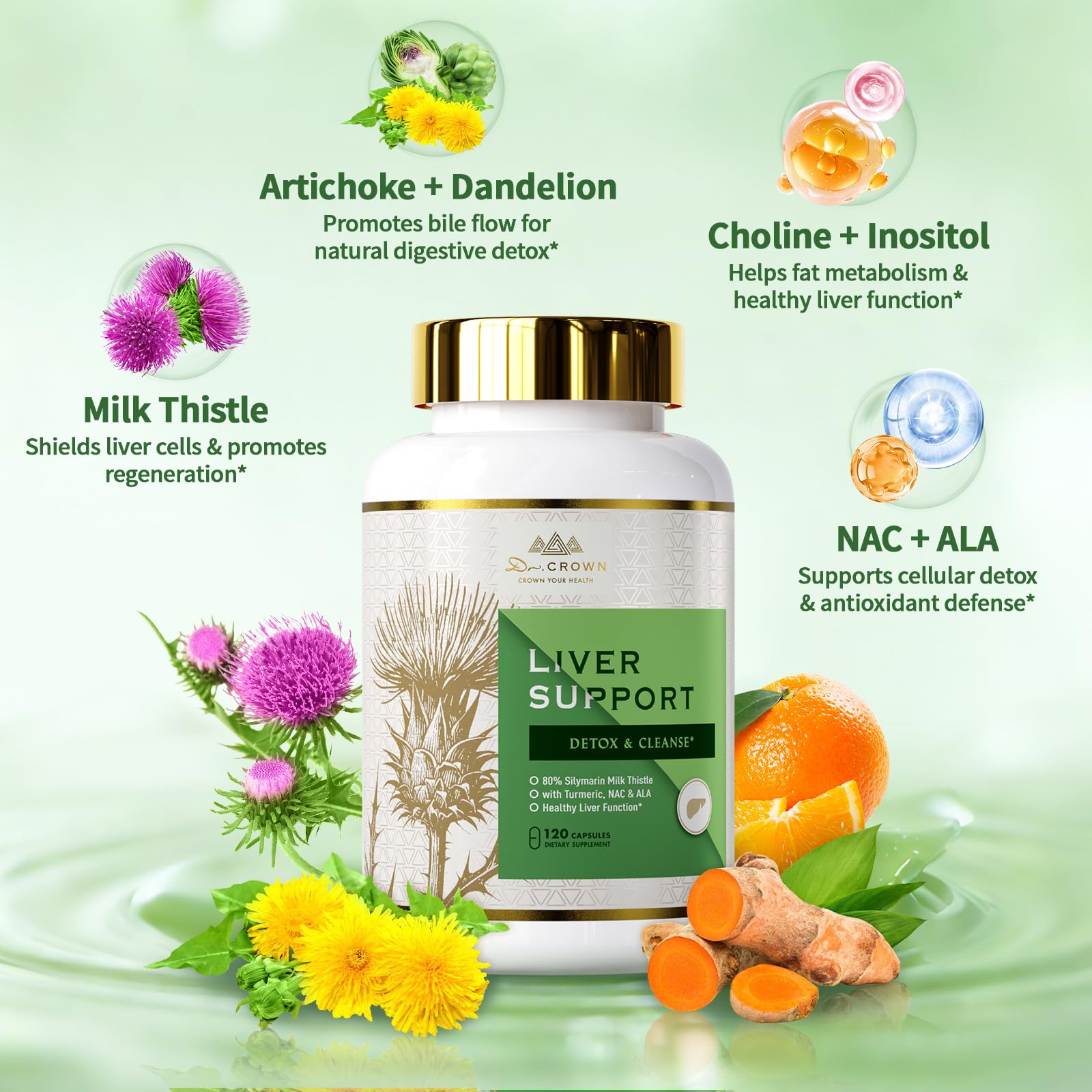 DR. Crown Liver Cleanse Detox & Repair - Milk Thistle Supplement, with Silymarin, N-Acetyl Cysteine(NAC), Artichoke, Turmeric & Dandelion for Liver Detox, Cleanse, Gluten Free, Non-GMO - 120 Capsules DR. CROWN buy supplements canada