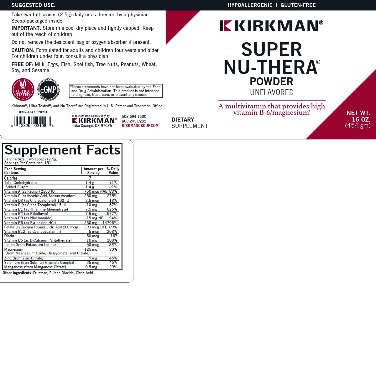 Super Nu-Thera Powder - Hypoallergenic - Unflavored - 16 Ounces Kirkman buy supplements canada