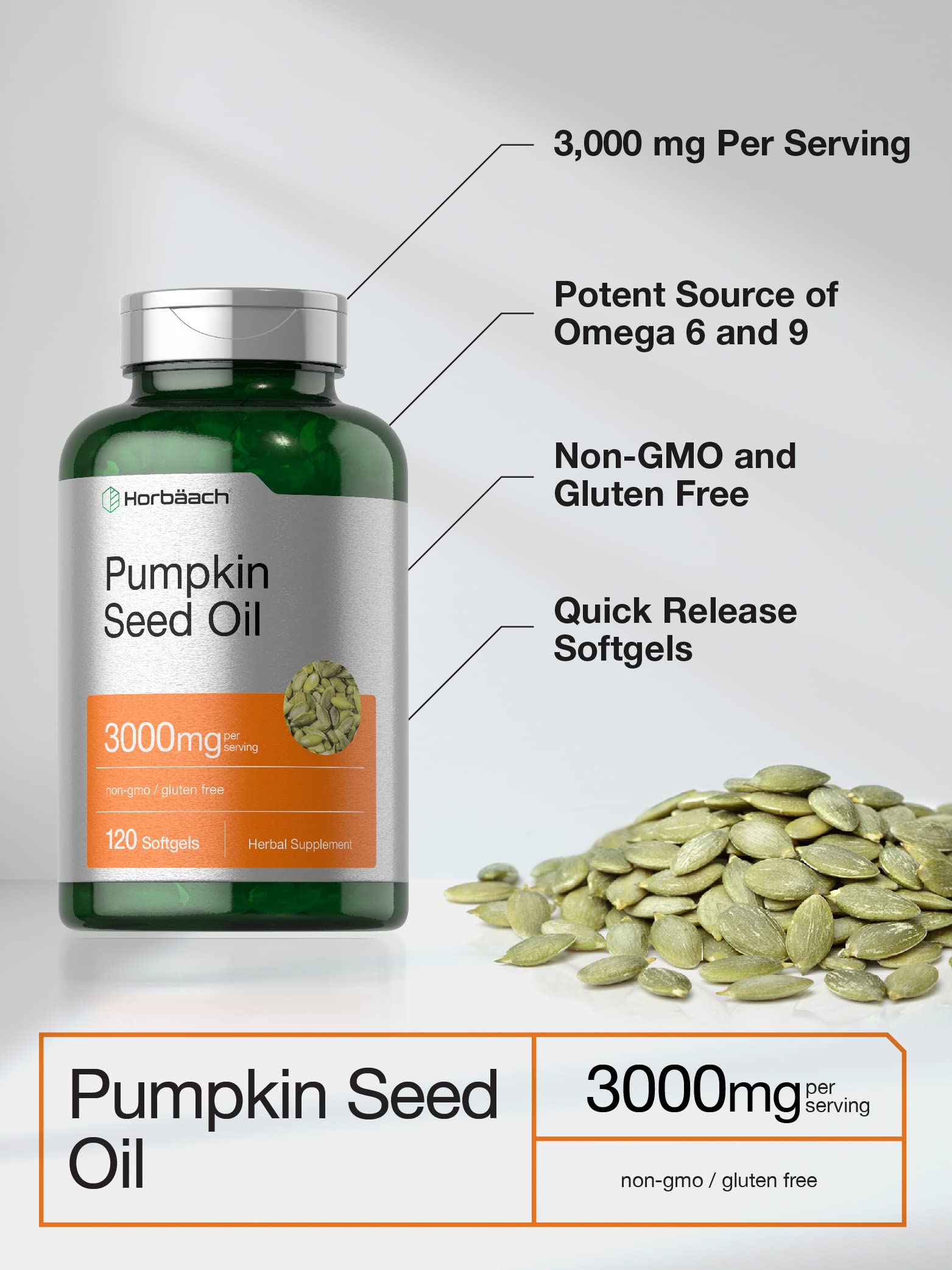 Horbäach Pumpkin Seed Oil | 3000mg | 120 Softgel Capsules | Cold Pressed Dietary Supplement | Non-GMO and Gluten Free Formula Horbäach buy supplements canada
