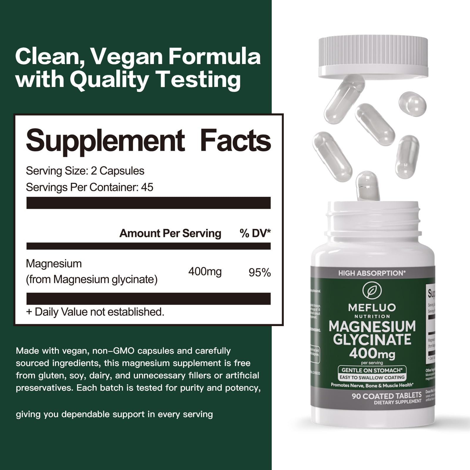 Magnesium Glycinate 400mg – High Absorption Magnesium Supplement for Muscle, Nerve & Sleep Support – Gentle on Stomach, Non-GMO, Vegan Capsules, 90 Count Mefluo buy supplements canada