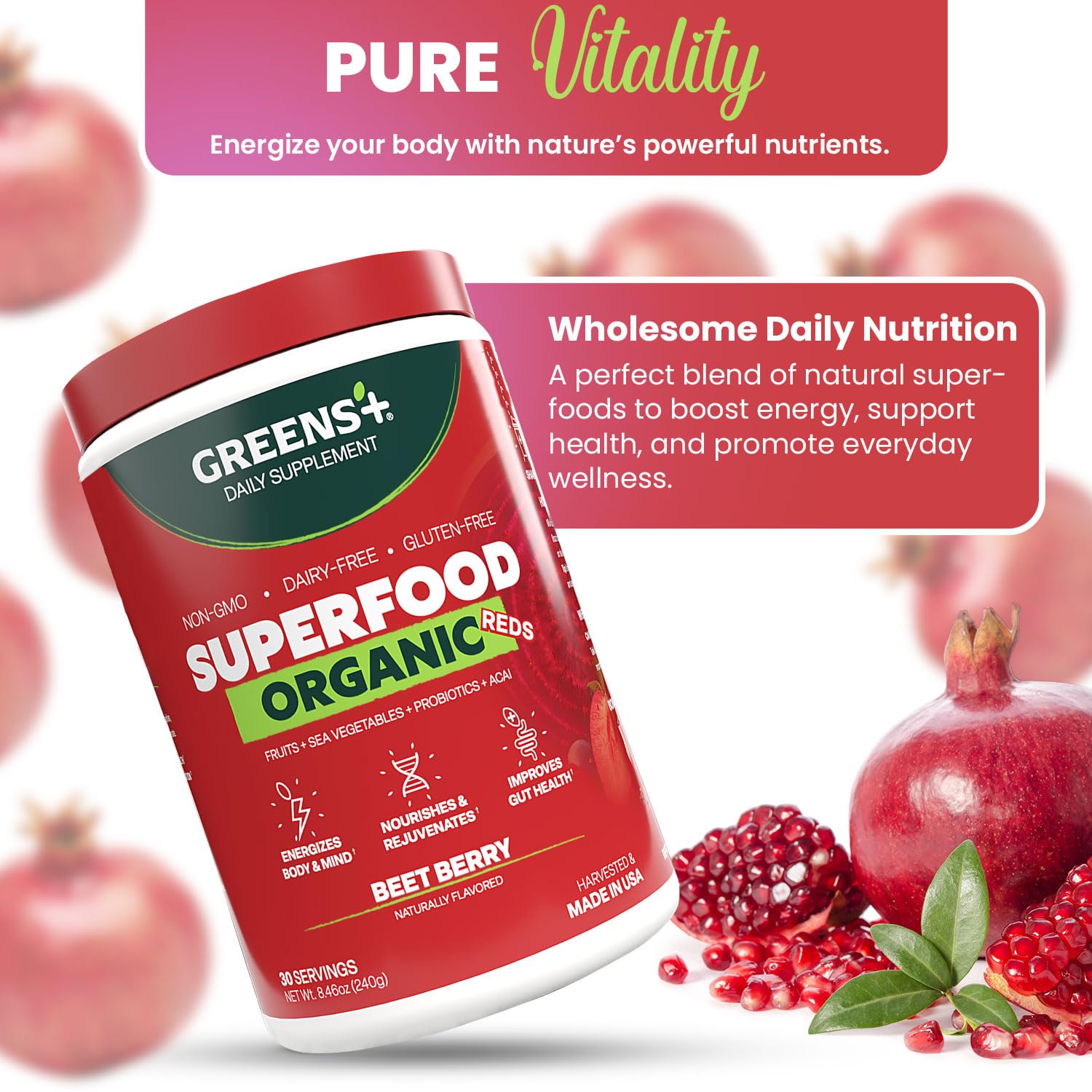 Greens+ Organic Reds Superfood Powder, Antioxidant, Polyphenol, Blend for Morning Kick, Energy, Vitality Boost, Nutrition, Vibrant Health, Vegan Soy/Dairy/Gluten Free(8.46oz) Greens+ buy supplements canada