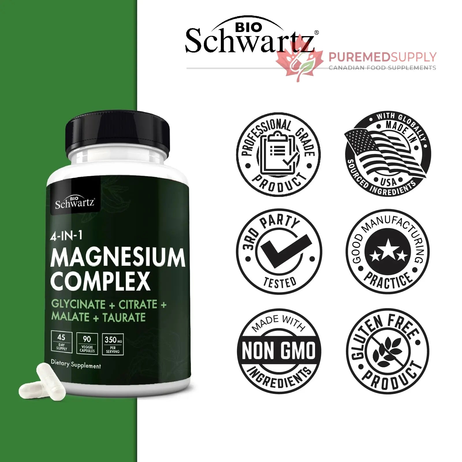 BioSchwartz Magnesium Complex Supplement (90 Capsules) 350mg Magnesium Glycinate Citrate Malate and Taurate Per Serving for Healthy Nerves Muscles Heart Sleep Support (Vegan, Gluten-Free, Non-GMO) BioSchwartz buy supplements canada