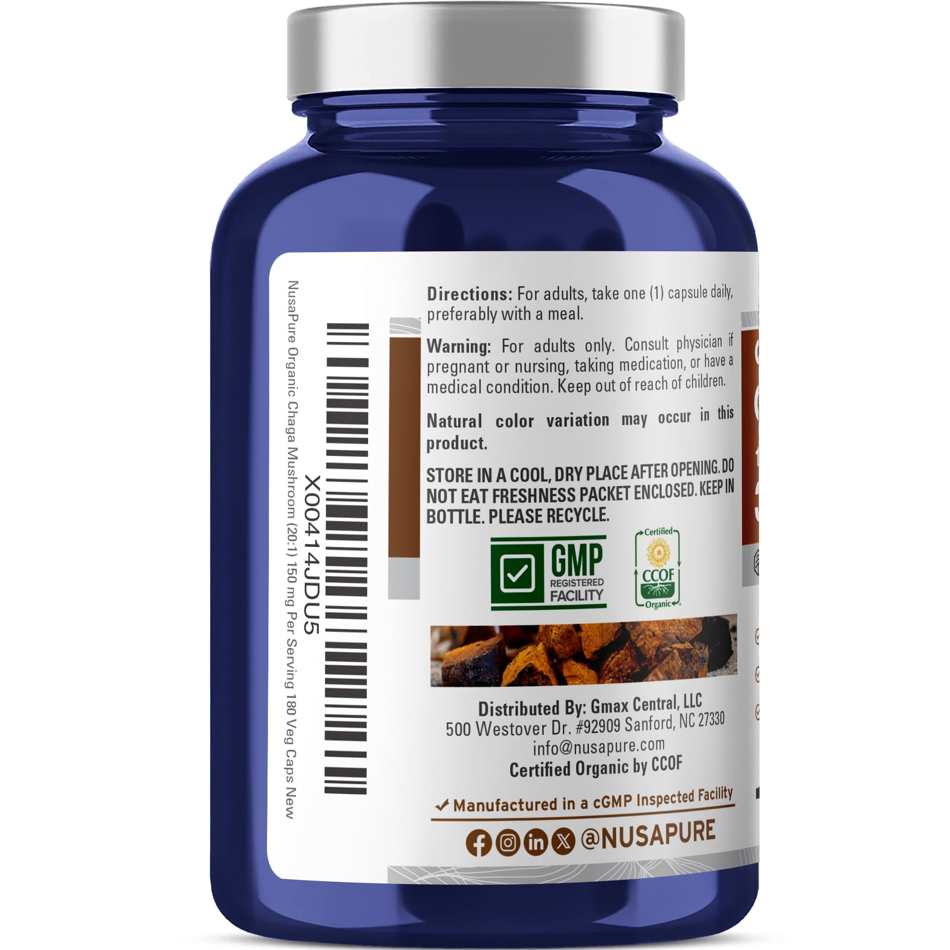 NusaPure Chaga Mushroom 20:1 Extract, 150 mg Equivalent to 3,000mg per Veggie Capsule, 180 Count, USDA Organic, Vegan, Non-GMO NusaPure buy supplements canada