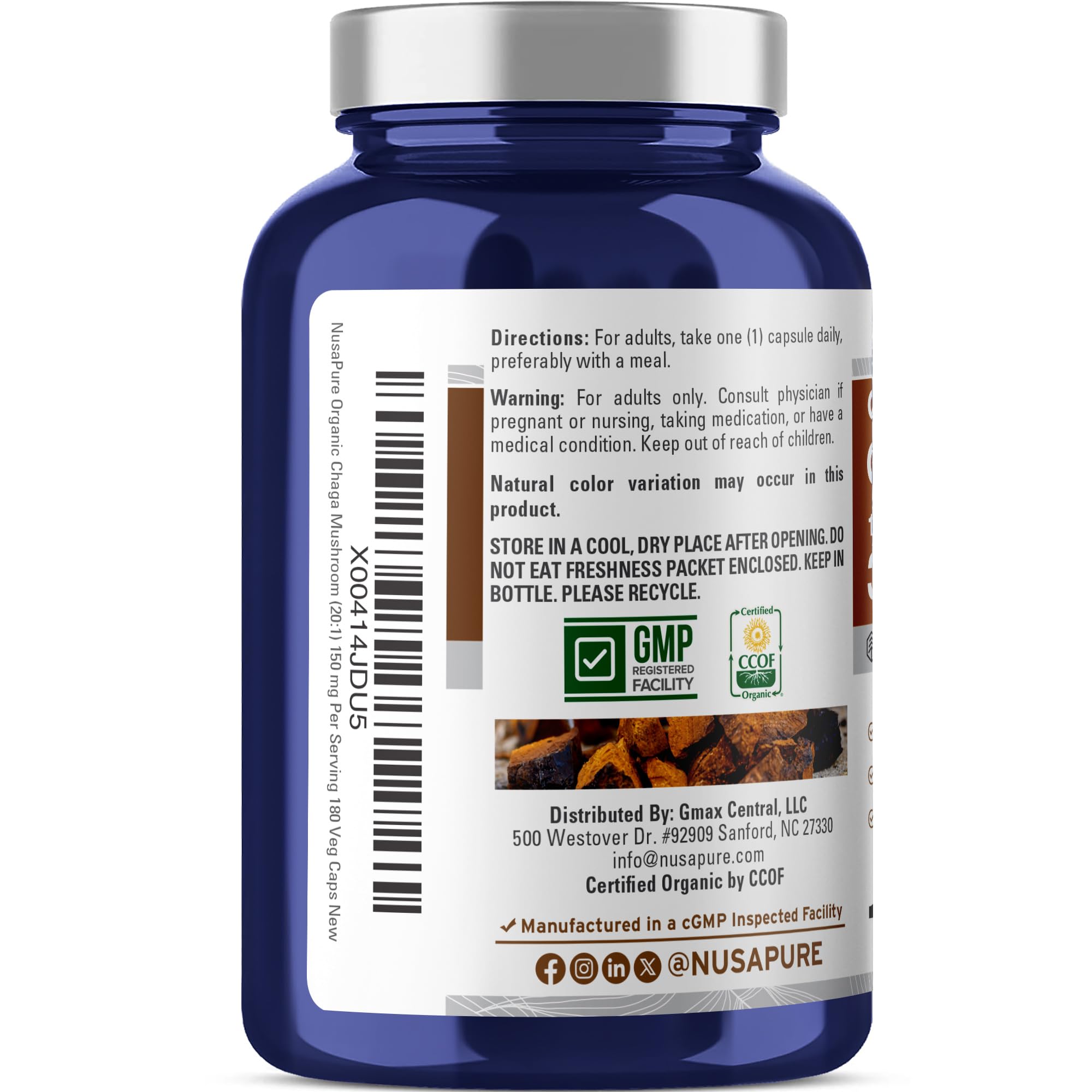 NusaPure Chaga Mushroom 20:1 Extract, 150 mg Equivalent to 3,000mg per Veggie Capsule, 180 Count, USDA Organic, Vegan, Non-GMO NusaPure buy supplements canada