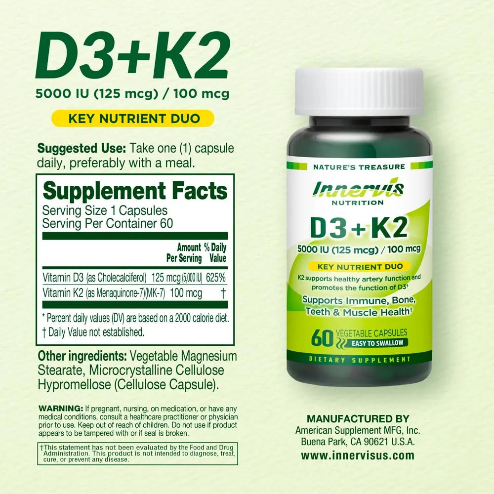 INNERVISNUTRITION Vitamin D3 5000 IU + K2 MK-7 100mcg – Bone, Heart & Immune Support, Easy to Swallow, 60 Capsules INNERVISNUTRITION buy supplements canada