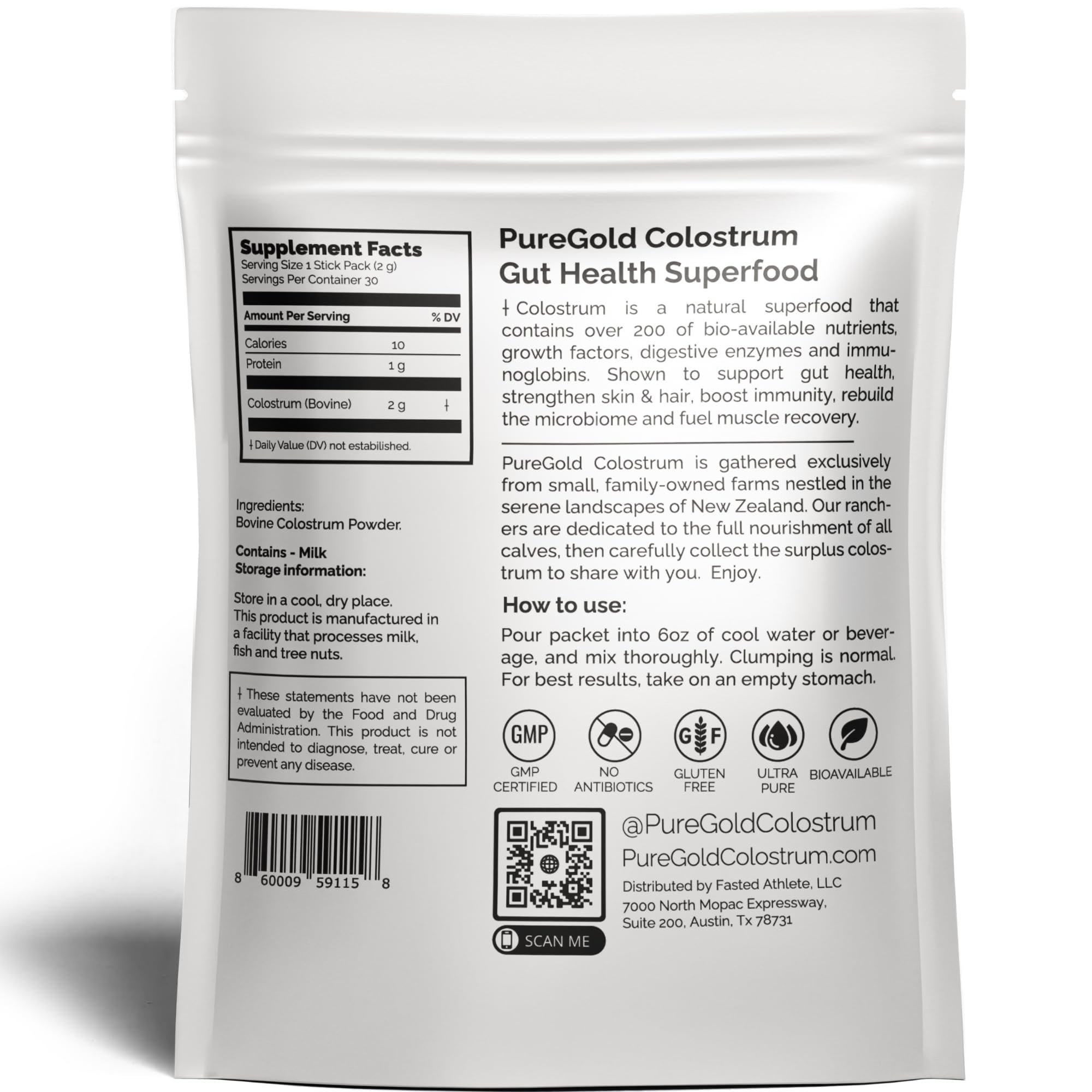 PureGold - Bovine Colostrum Powder - 100% Pure New Zealand Grass Fed, Supports Gut Health, Skin, Hair, & Immunity – Colostrum Supplement, Unflavored, 30 Travel Packets Fasted Athlete buy supplements canada